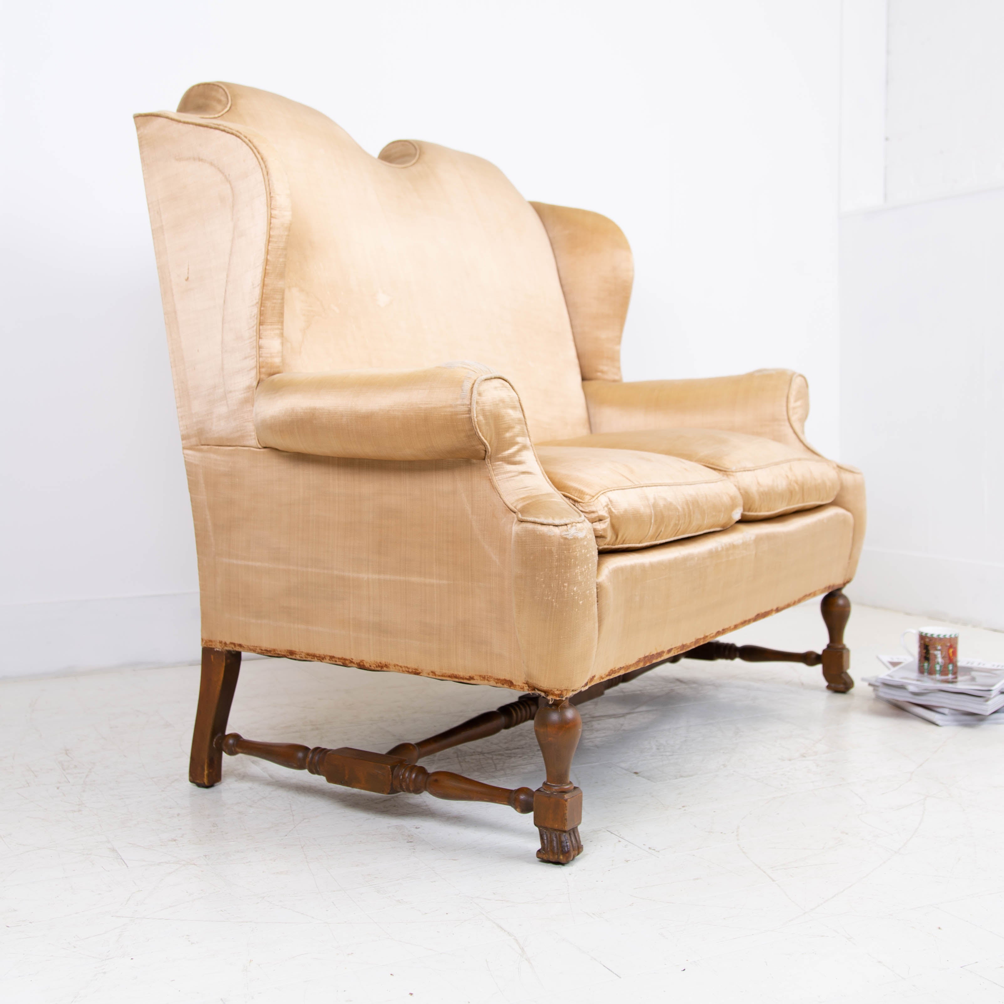 Handsome Queen Anne Revival Sofa in Old Gold Silk C1920