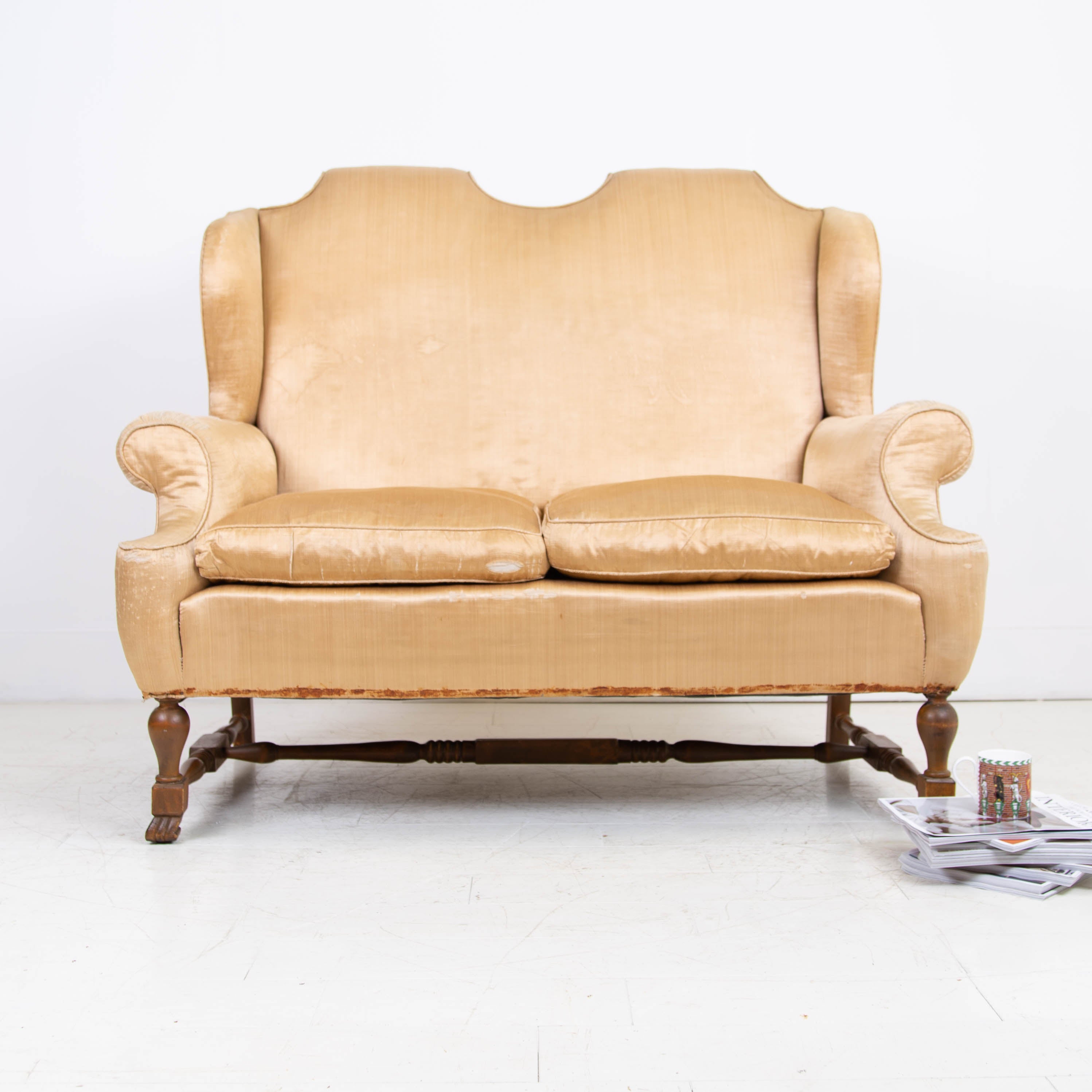 Handsome Queen Anne Revival Sofa in Old Gold Silk C1920
