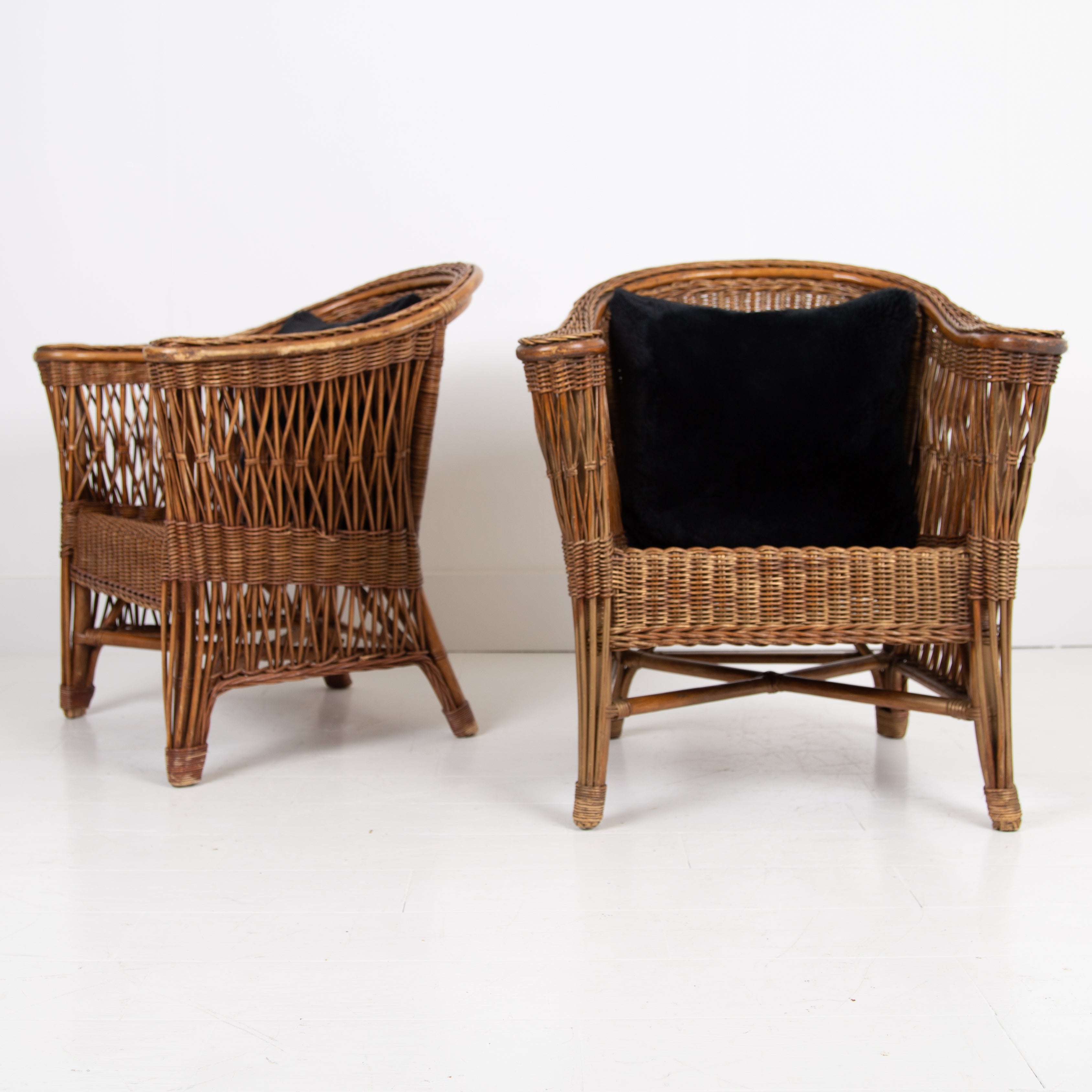 Pair of Mid Century Wicker Armchairs Garden Room Chairs