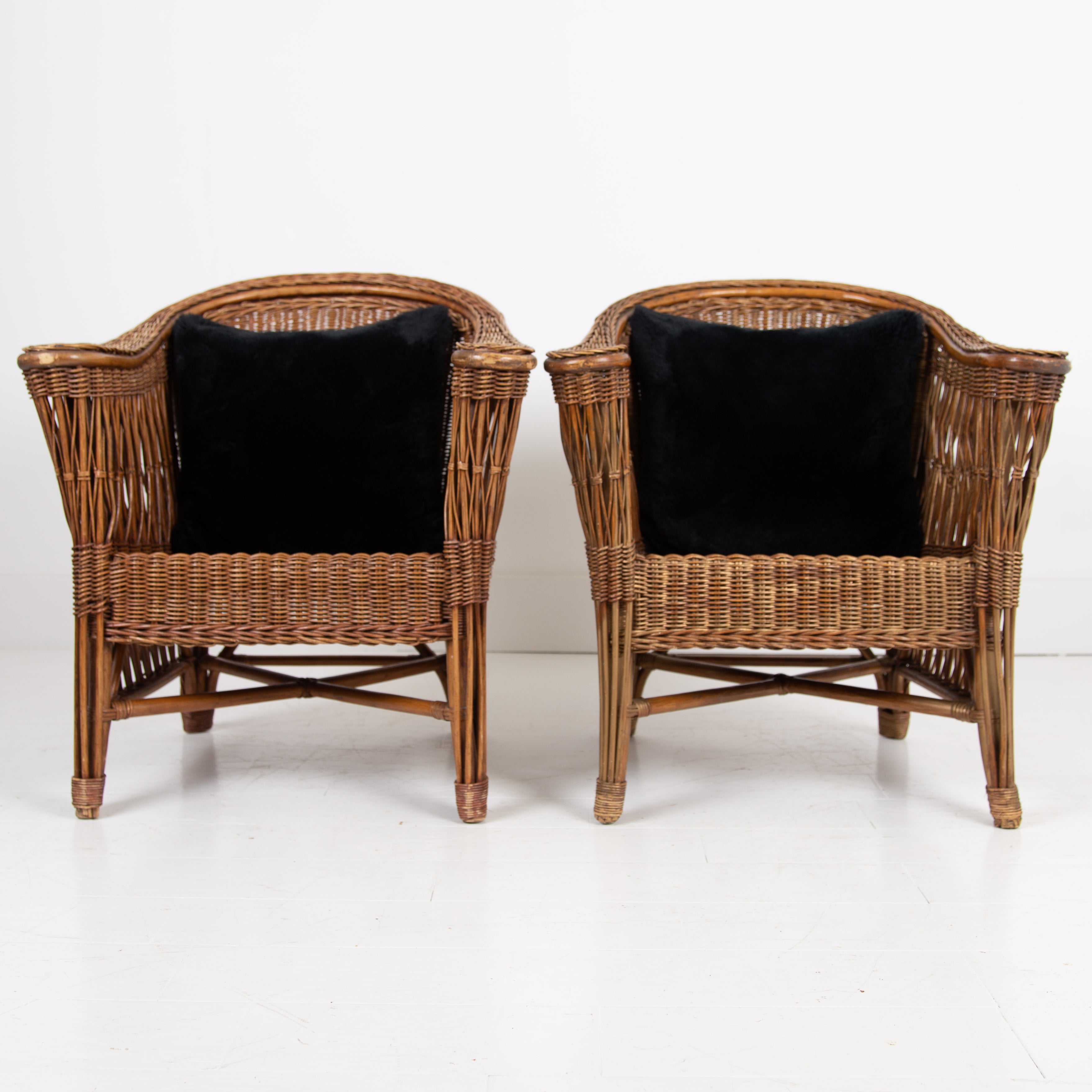 Pair of Mid Century Wicker Armchairs Garden Room Chairs