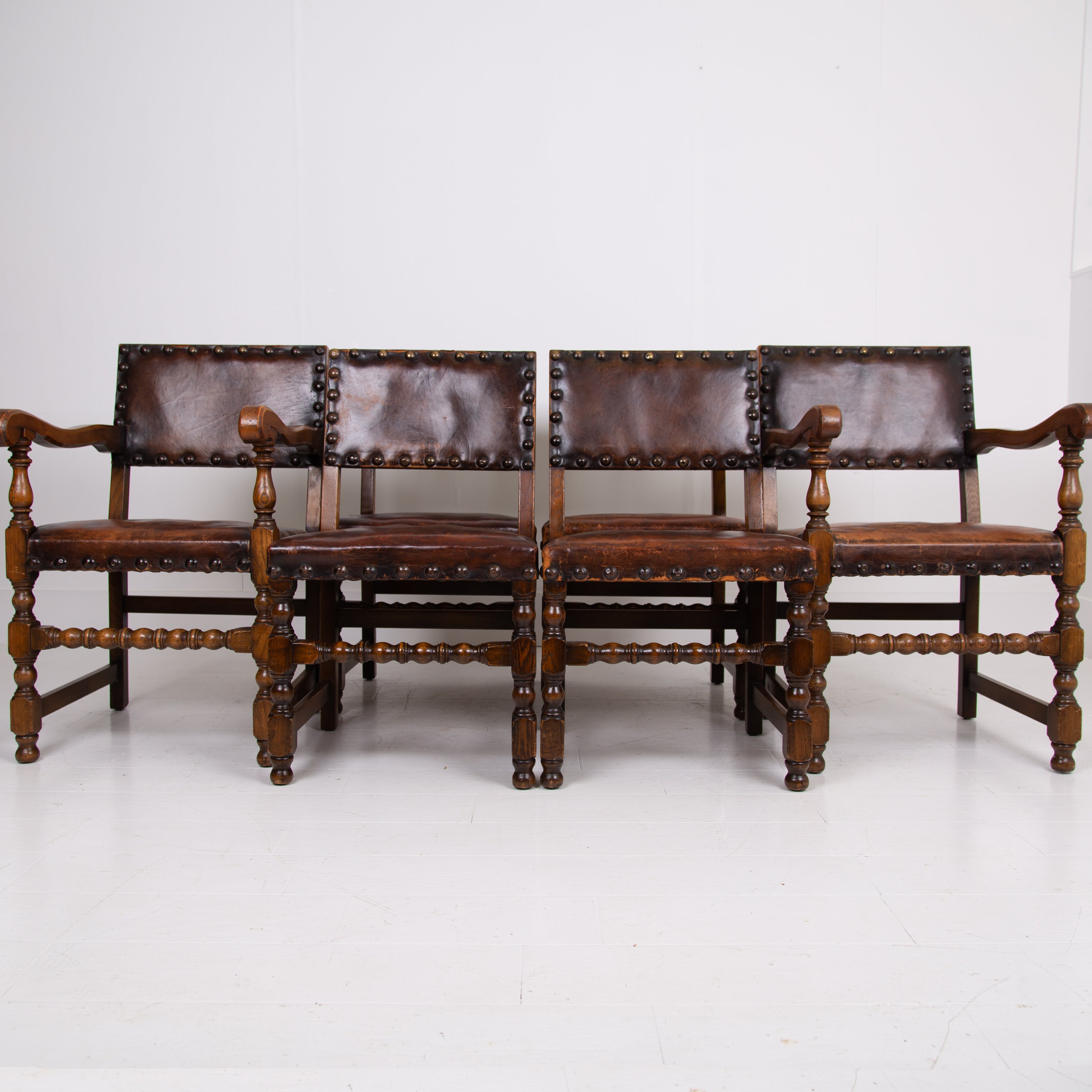 Handsome Antique 1930s Set Of 6 Oak And Leather Dining Chairs