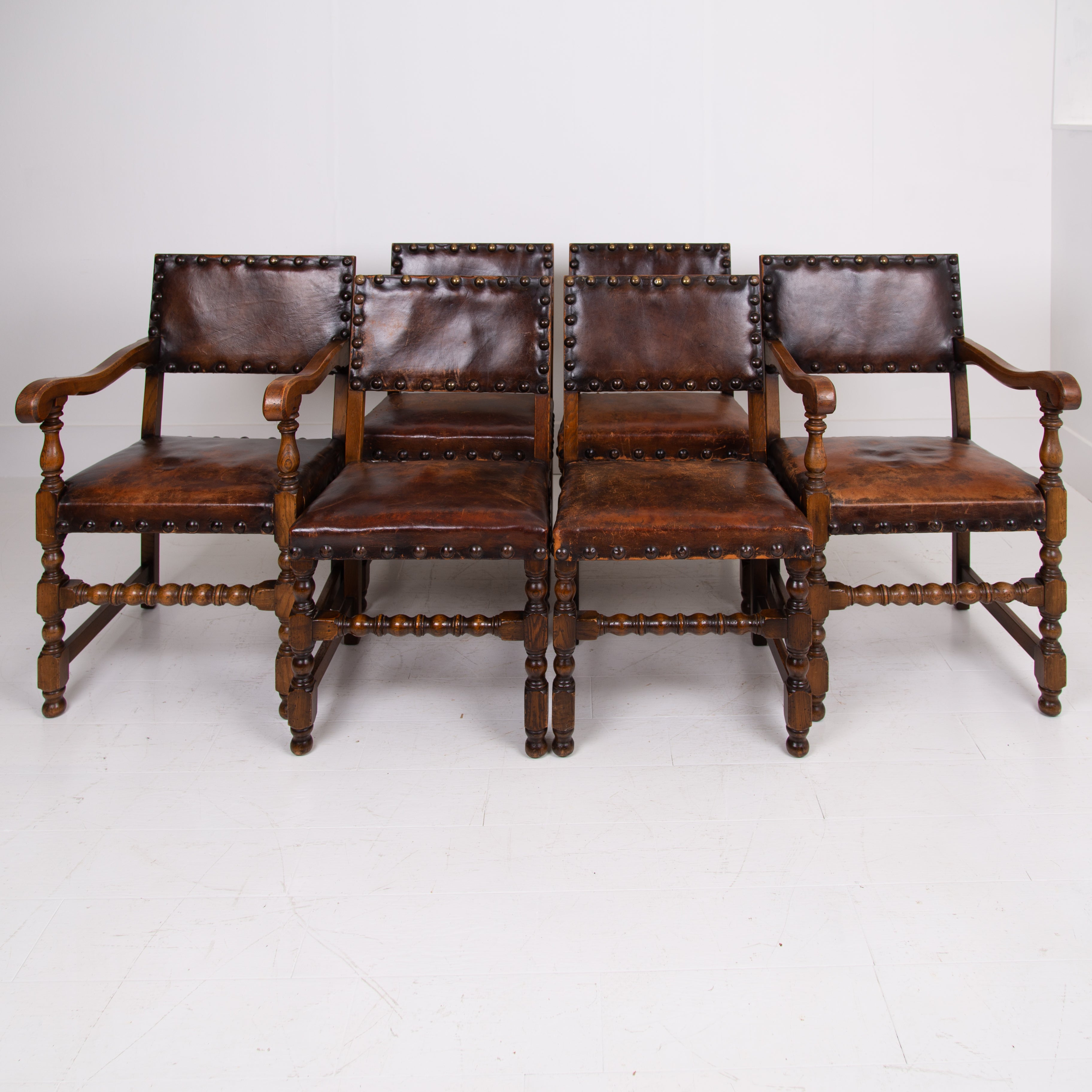 Handsome Antique 1930s Set Of 6 Oak And Leather Dining Chairs