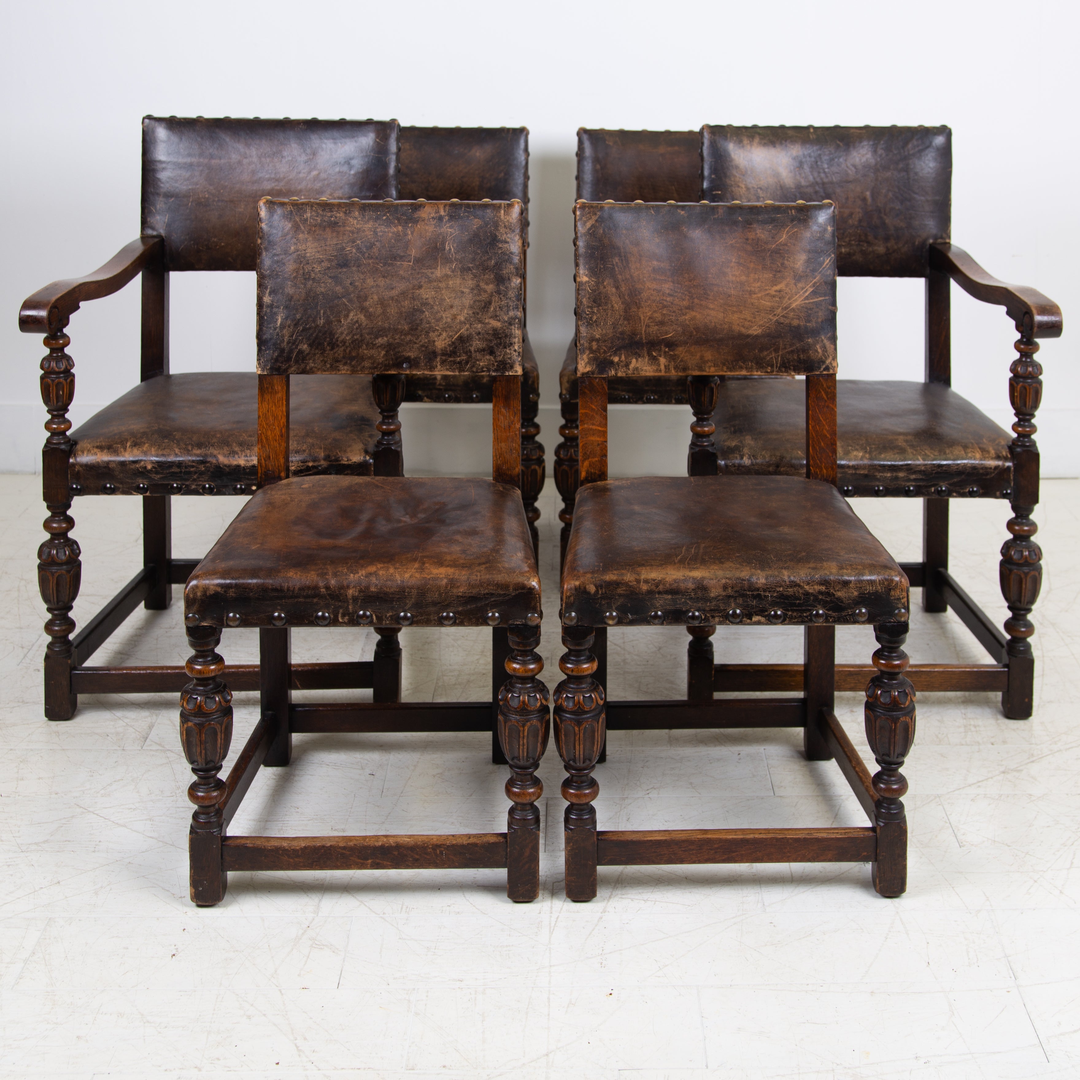 Handsome 1930s Set of 6 Oak and Leather Dining Chairs