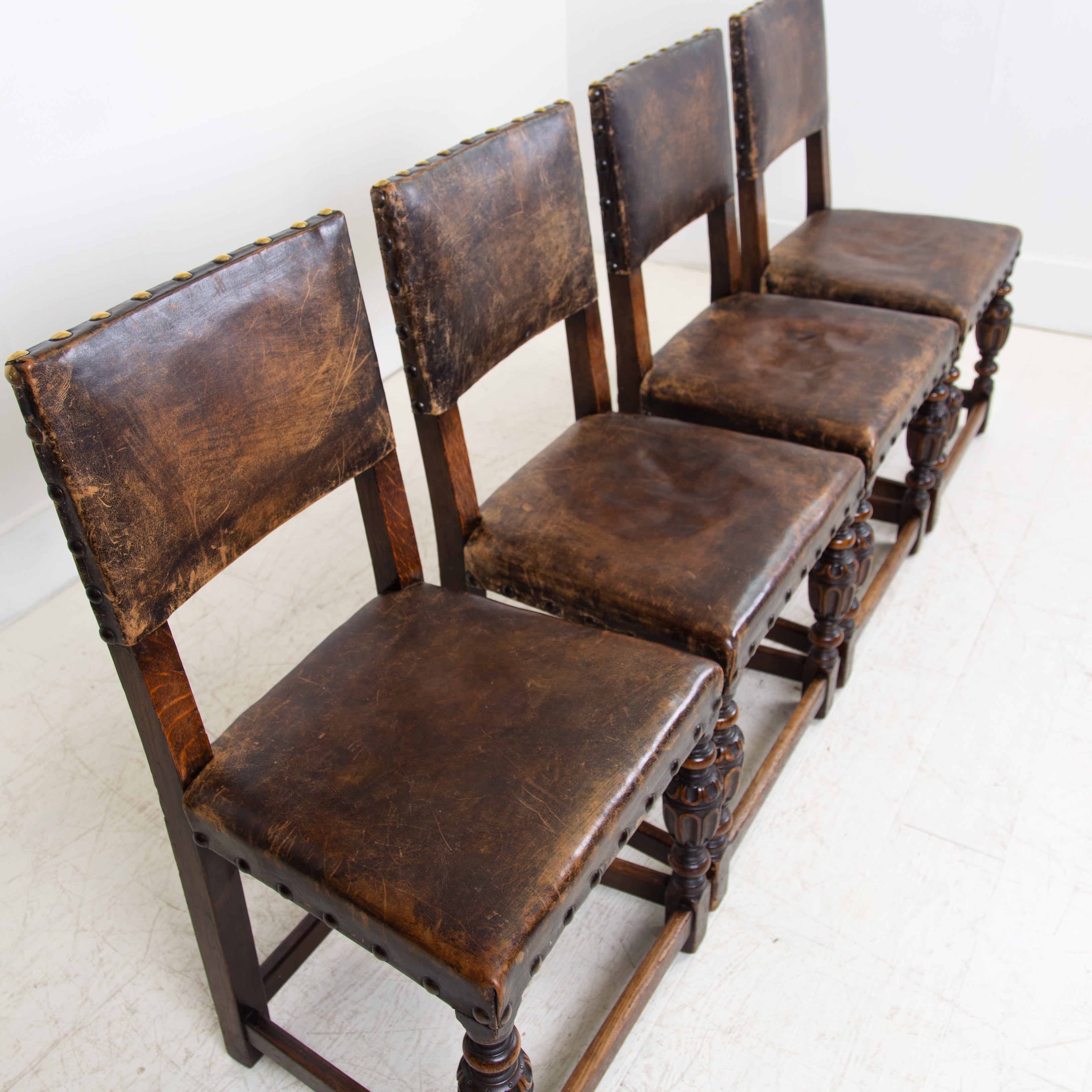 Handsome 1930s Set of 6 Oak and Leather Dining Chairs