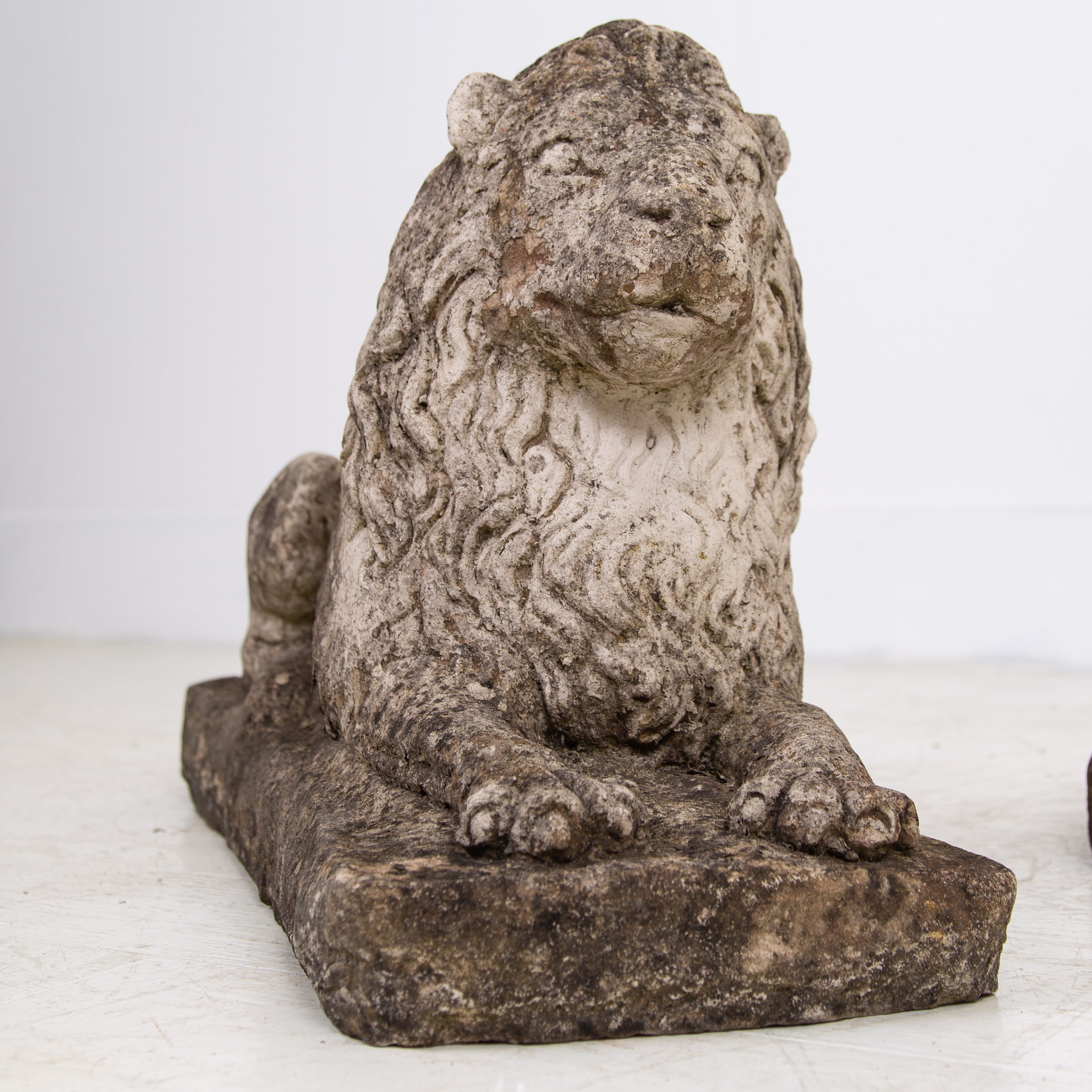 Pair of Weathered Recumbent Garden Lions