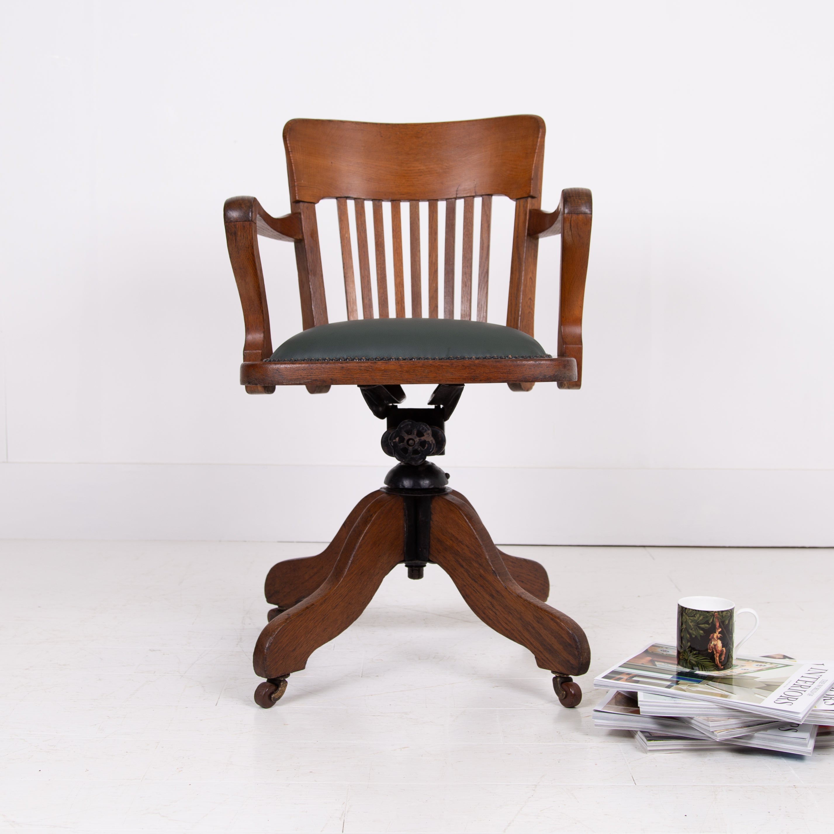 English Edwardian Antique Swivel Oak Office Desk Chair