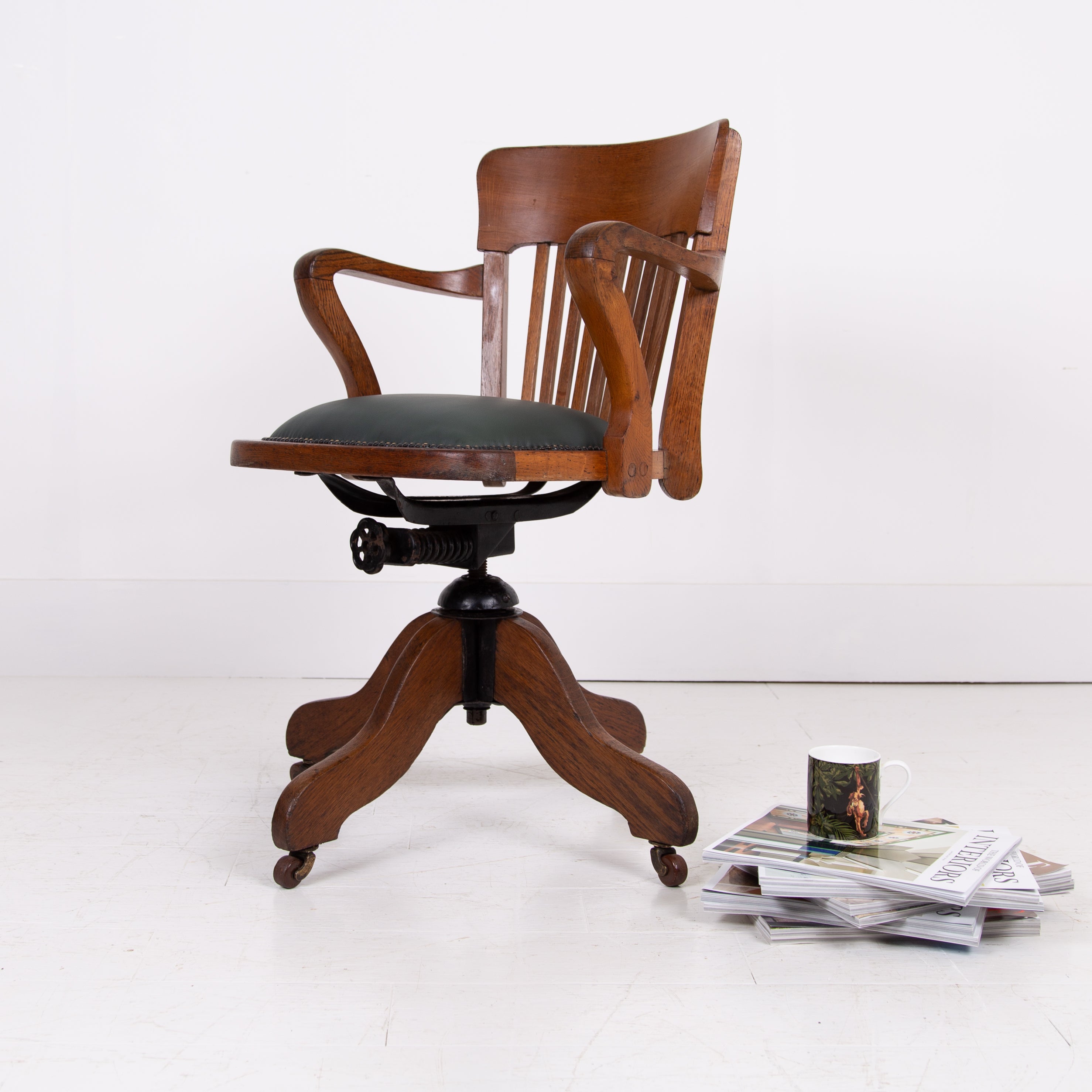 English Edwardian Antique Swivel Oak Office Desk Chair