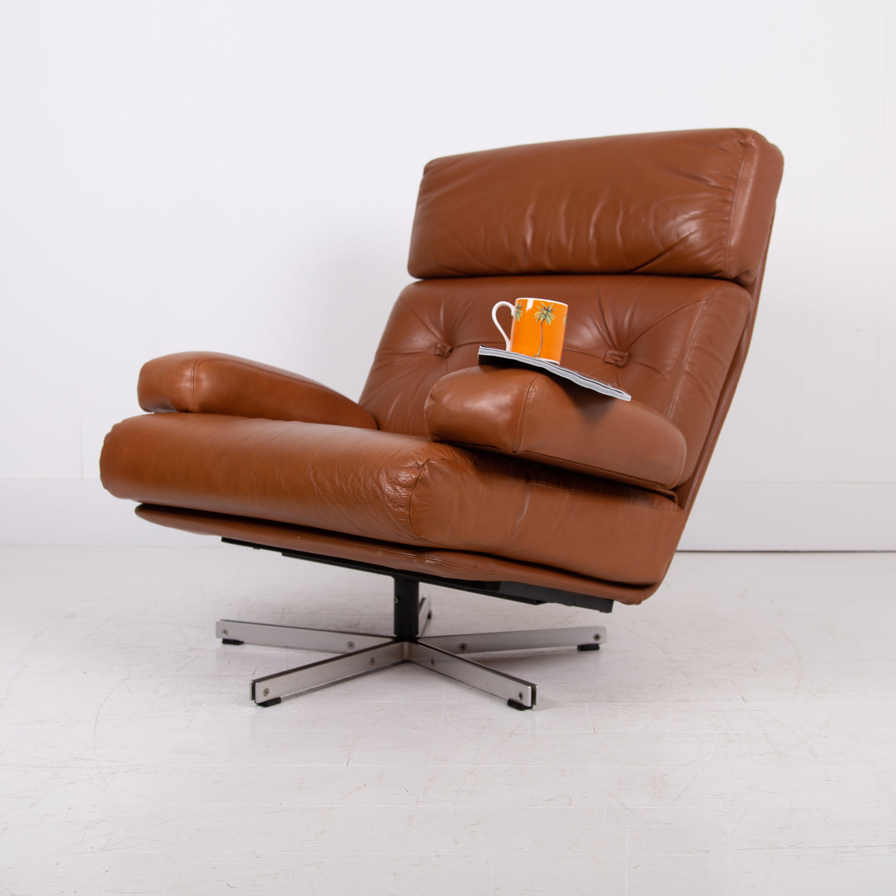 Mid Century Swivel Tan Leather Armchair Tetrad Nucleus C1970