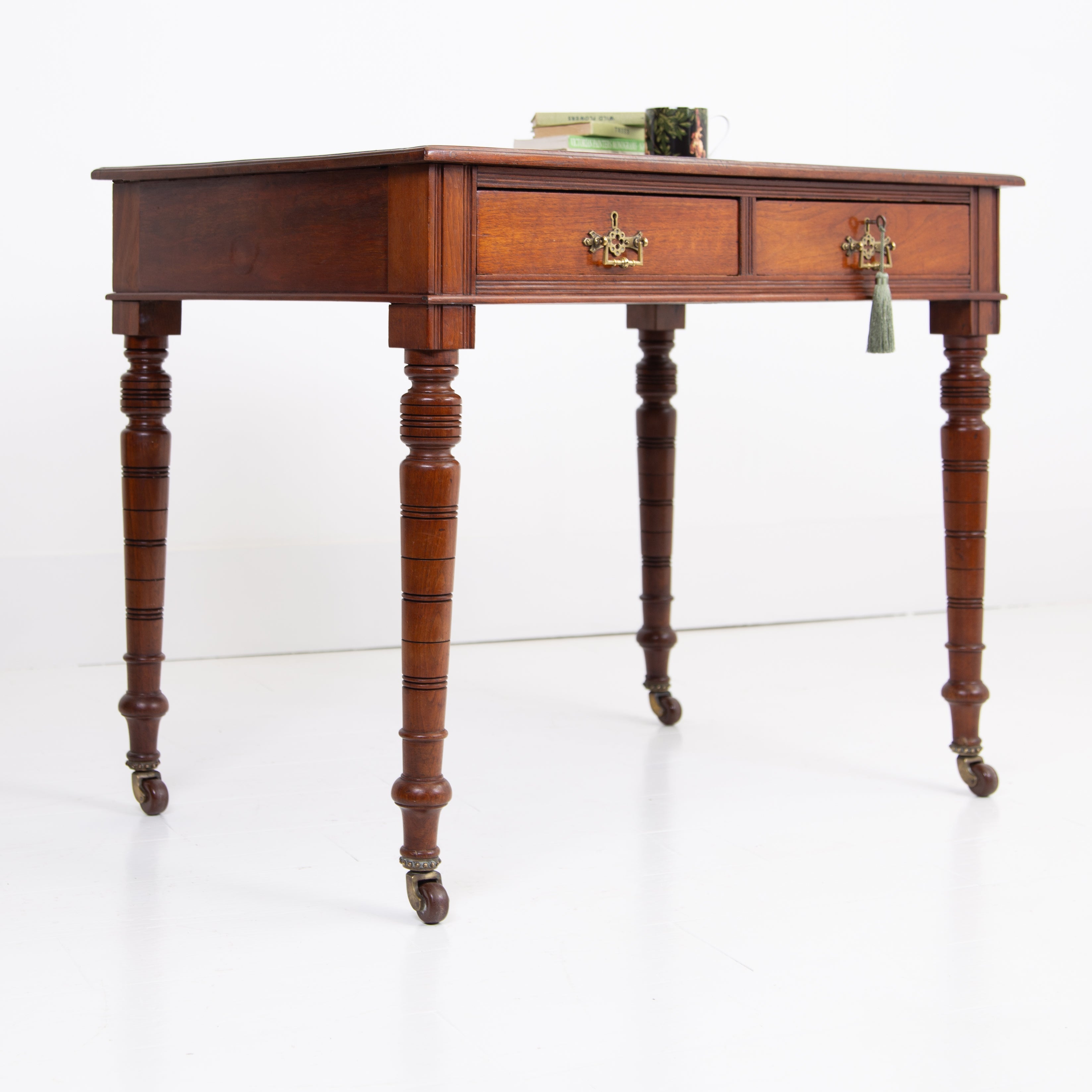 Delightful Victorian Leather Topped Walnut 2 Drawer Desk C1900