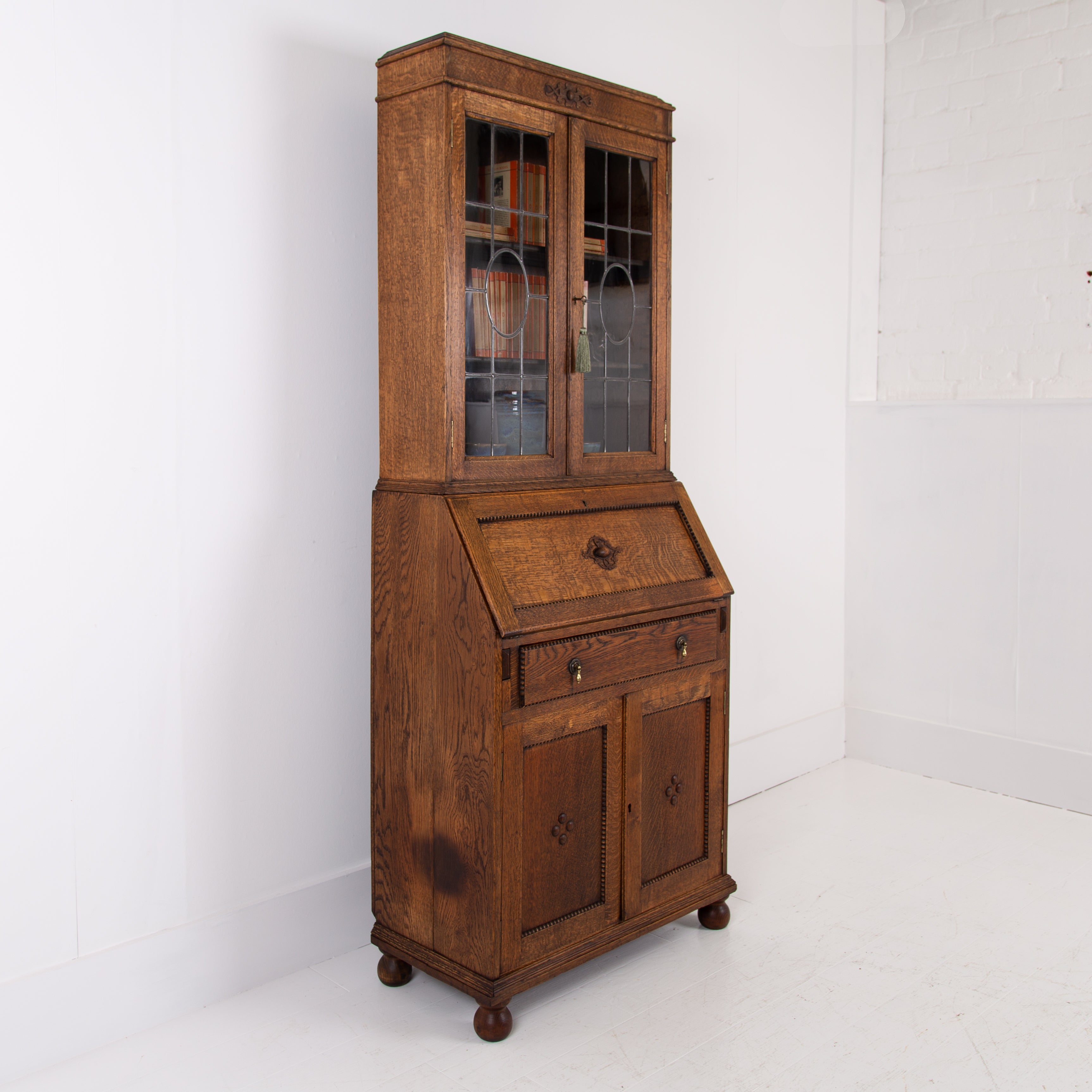 A Smaller Oak Glazed Bookcase Cabinet Bureau C1920s