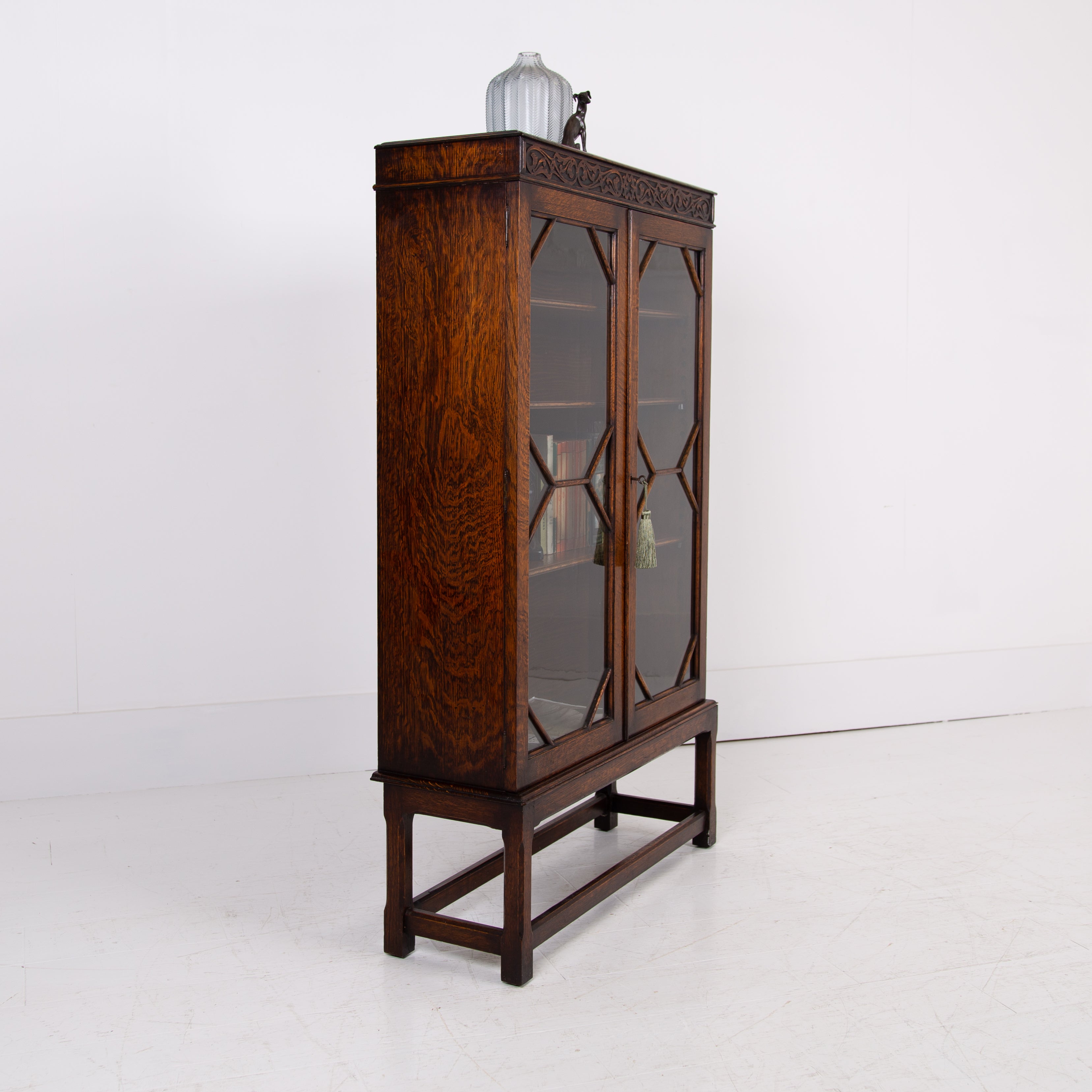 Attractive English Oak Glazed Bookcase Cabinet C1920