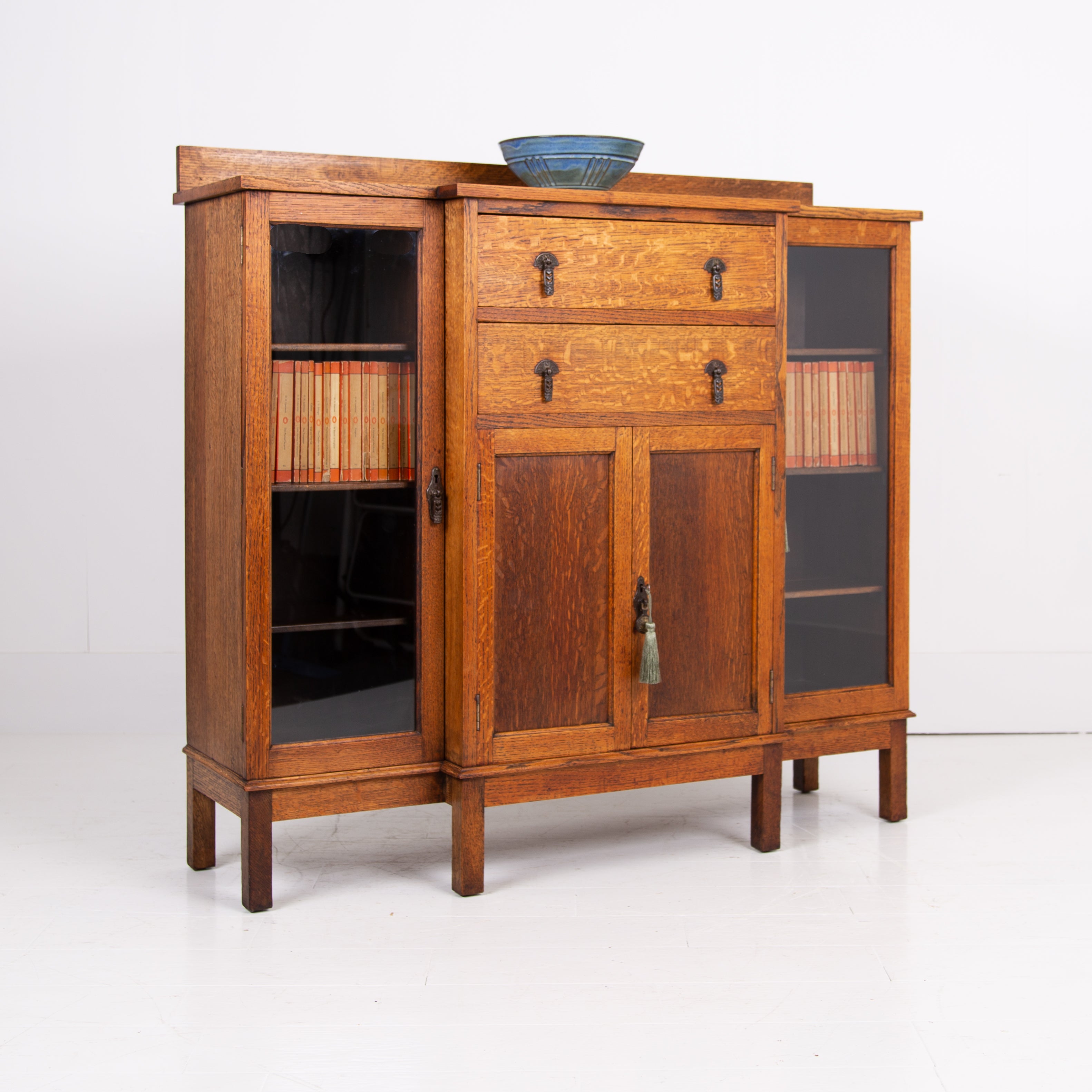 Lovely English Golden Oak Glazed Cabinet Bookcase C1920s