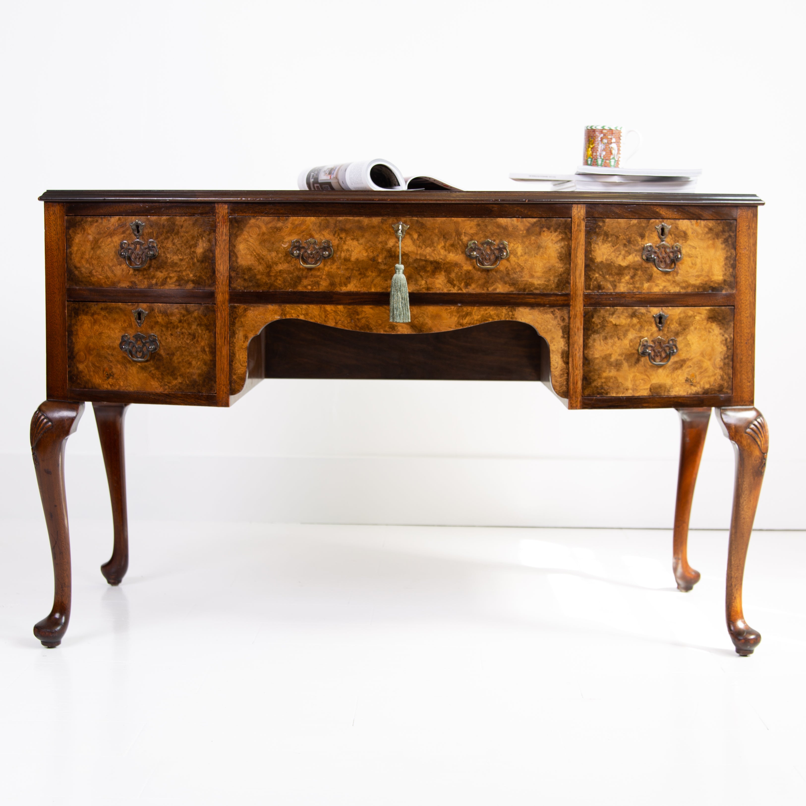 Attractive 1930s Period Bow Front Burr Walnut 5 Drawer Desk