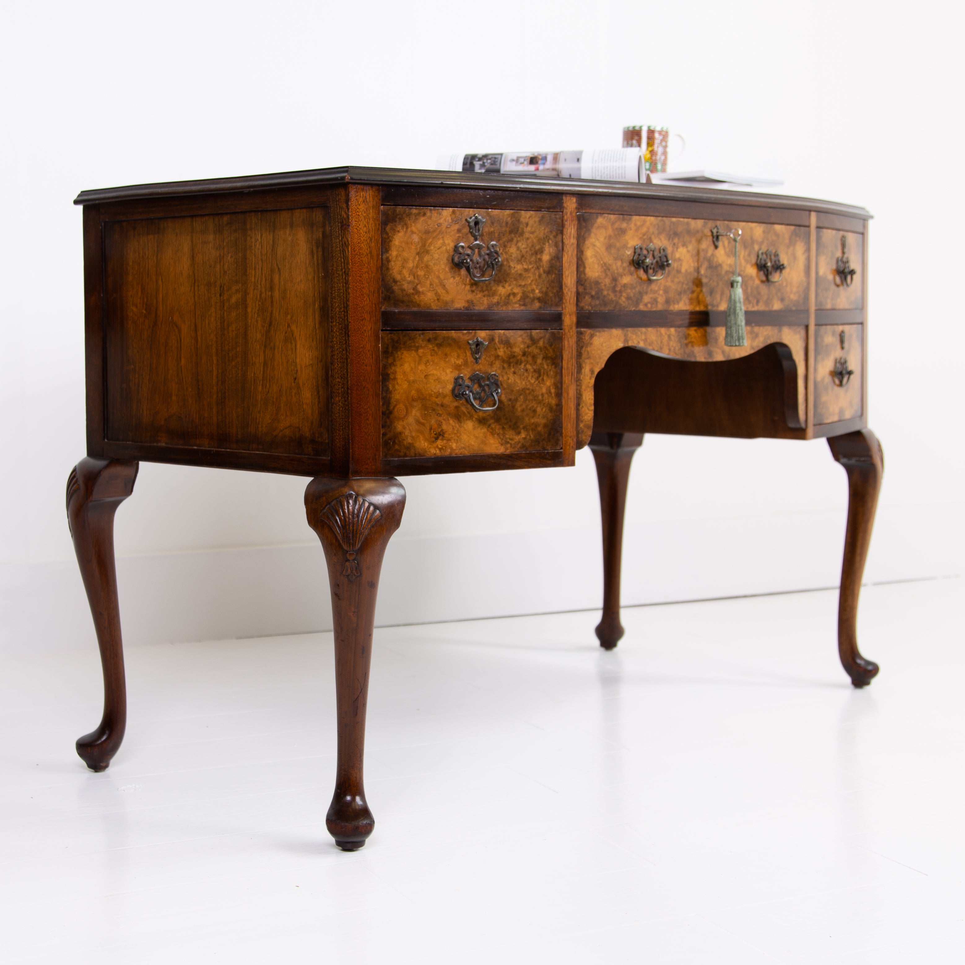 Attractive 1930s Period Bow Front Burr Walnut 5 Drawer Desk
