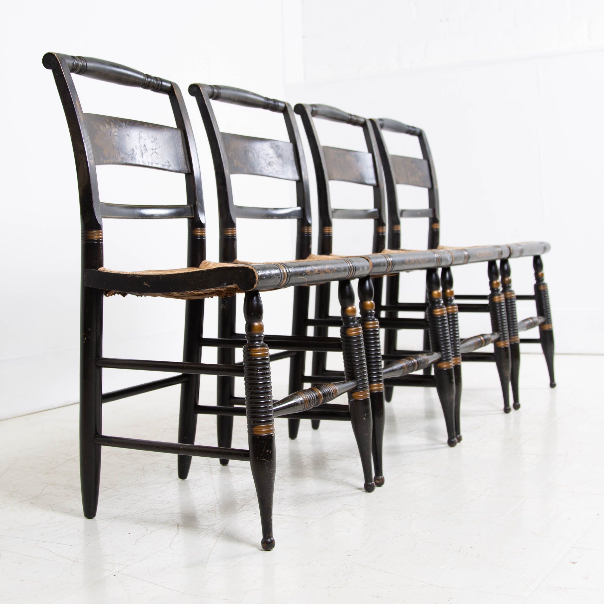 Set of 4 19th Century Black Painted Lambert Hitchcock Side Dining Chairs