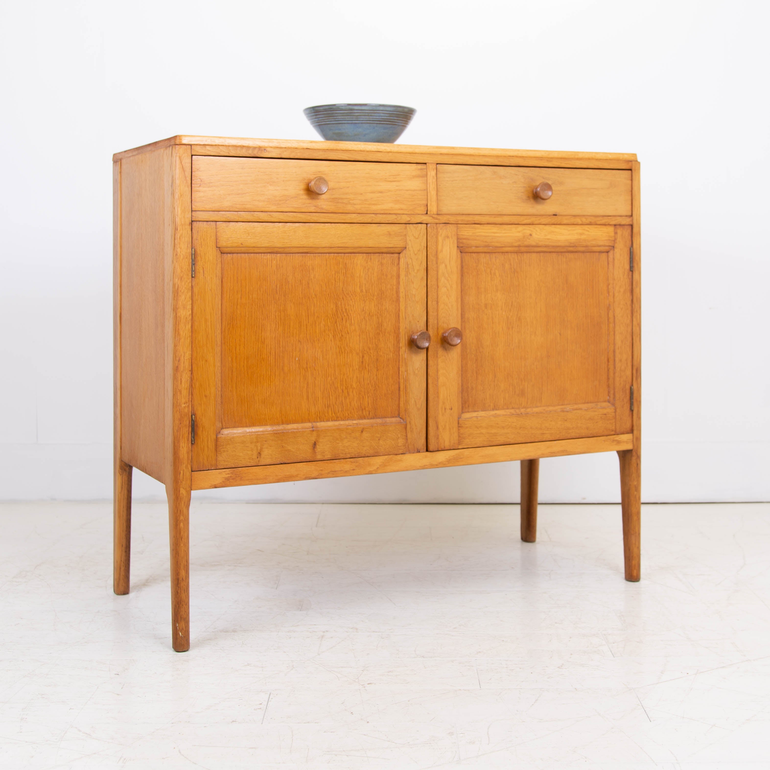 Handsome English Light Oak Smaller 2 Drawer Cabinet Sideboard C1940s