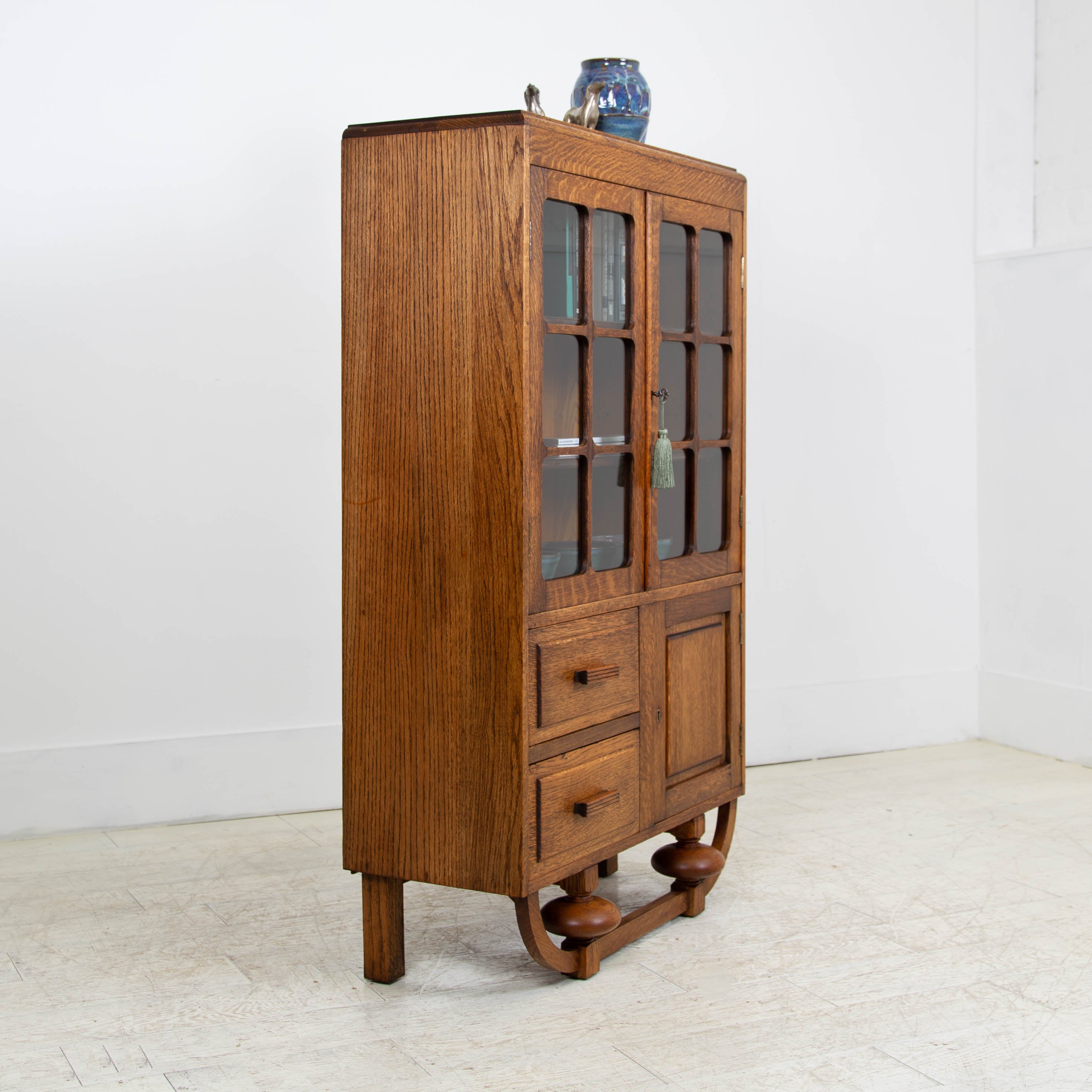 Attractive Art Deco Oak Glazed Cabinet Bookcase C1930