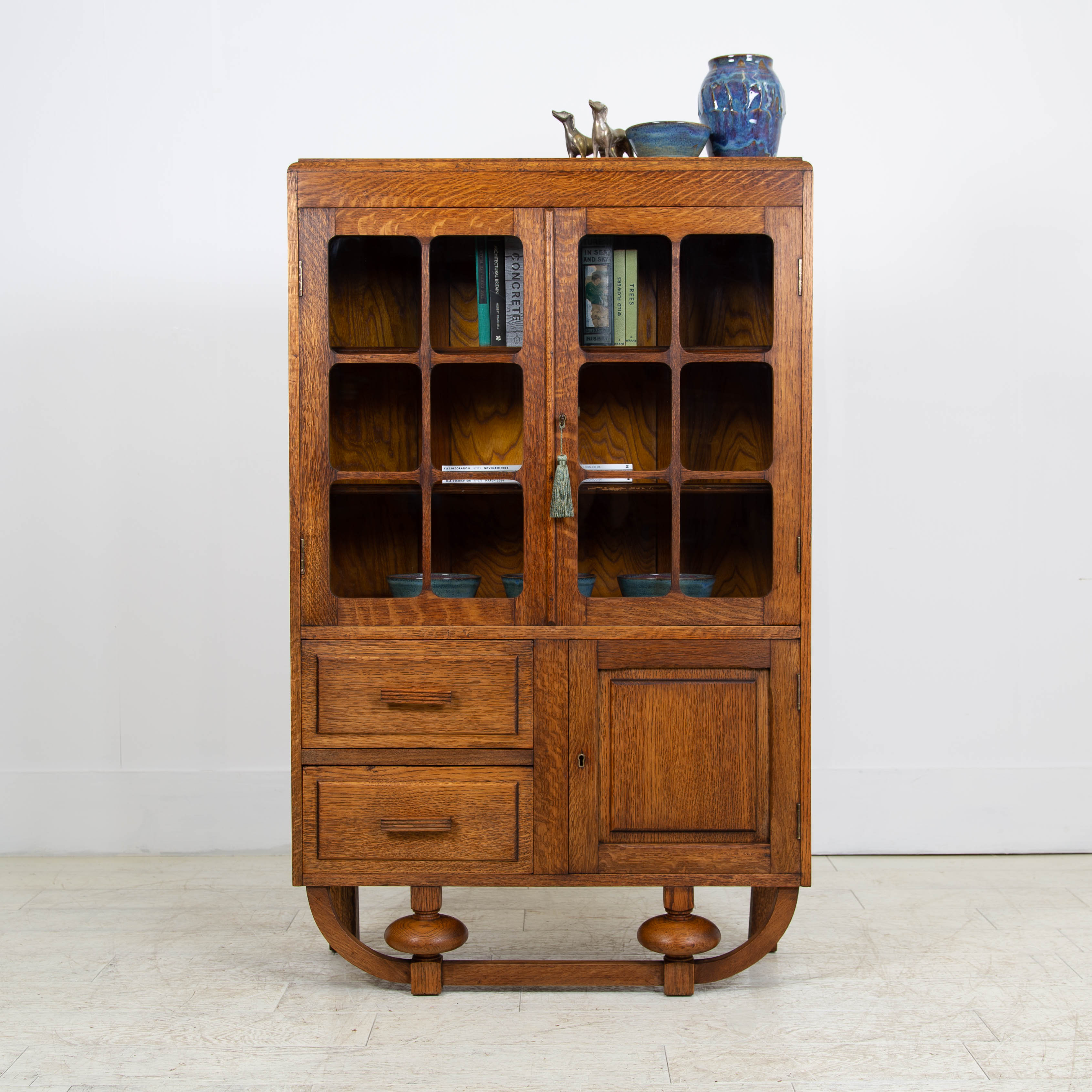 Attractive Art Deco Oak Glazed Cabinet Bookcase C1930