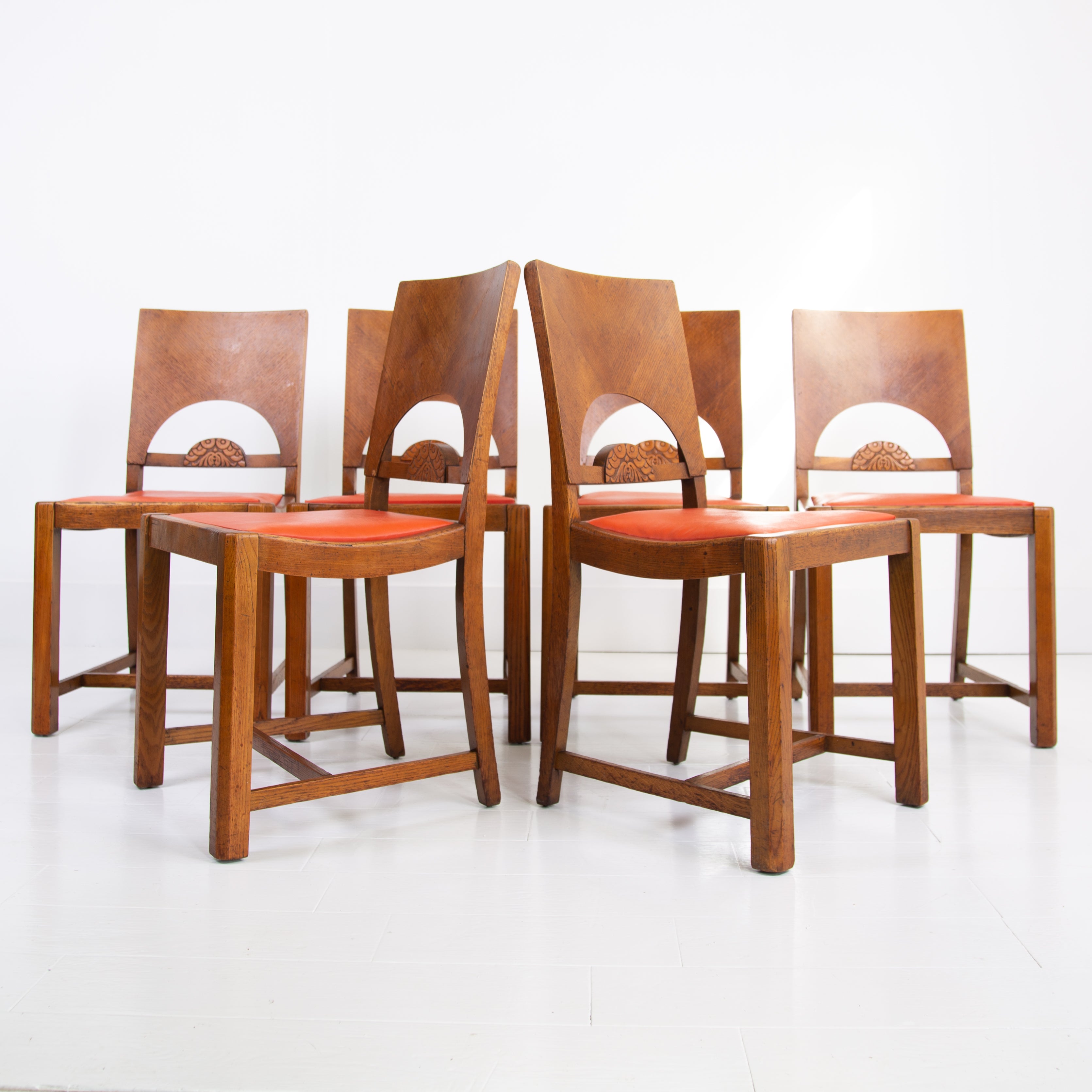 Set of 6 English Deco Oak Dining Chairs Gomme C1930