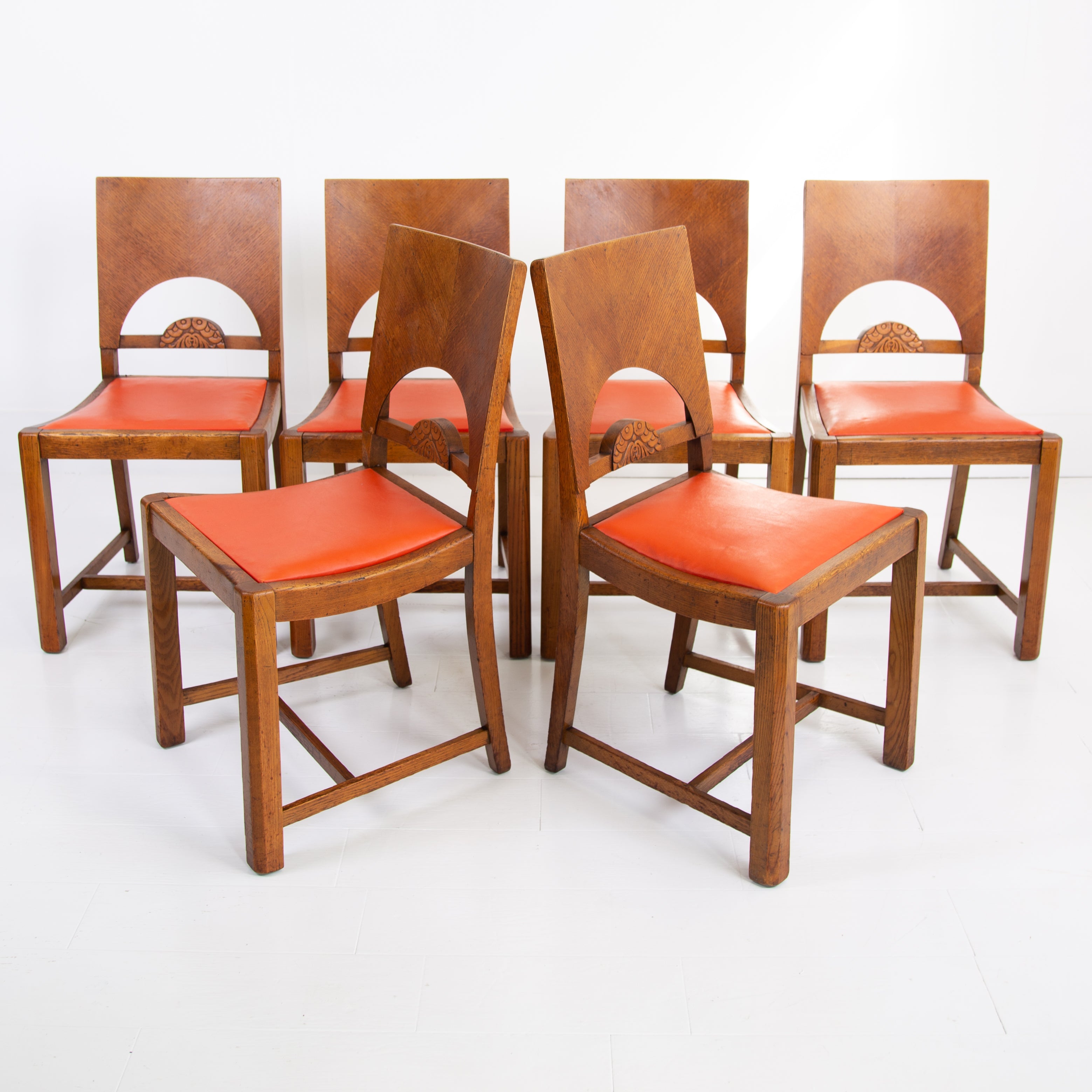 Set of 6 English Deco Oak Dining Chairs Gomme C1930