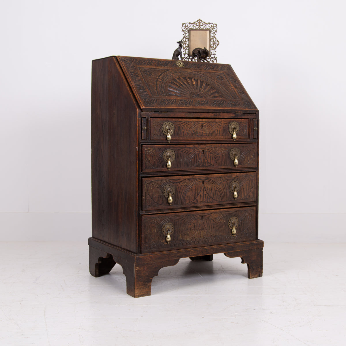 Highly Decorative Victorian 4 Drawer Oak Bureau 1890