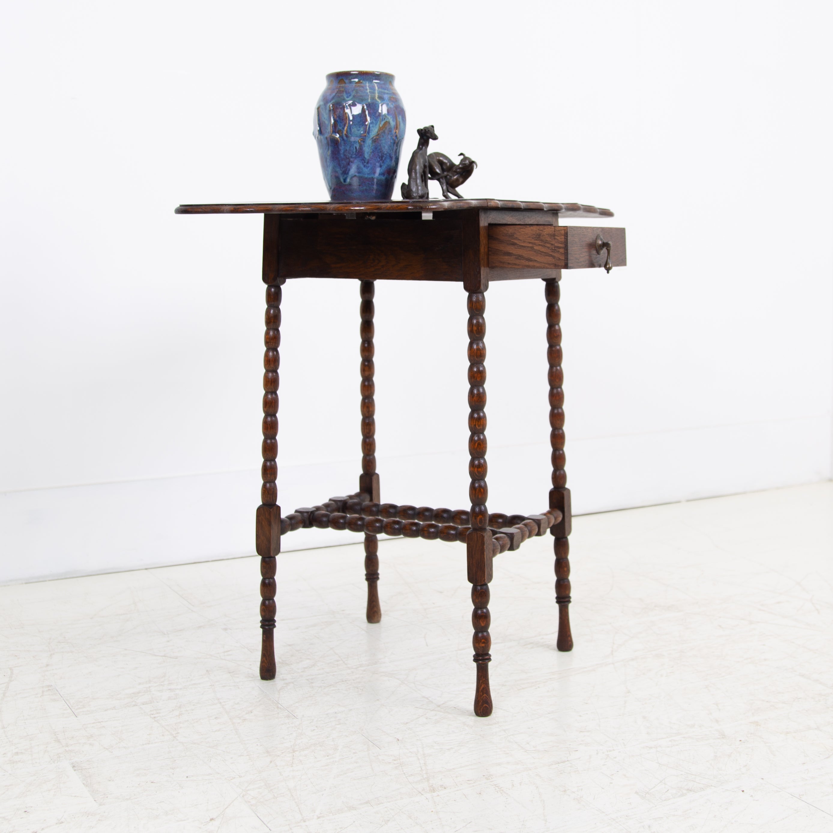 Charming Little Oak Bobbin Legged Table With Drawer C1910