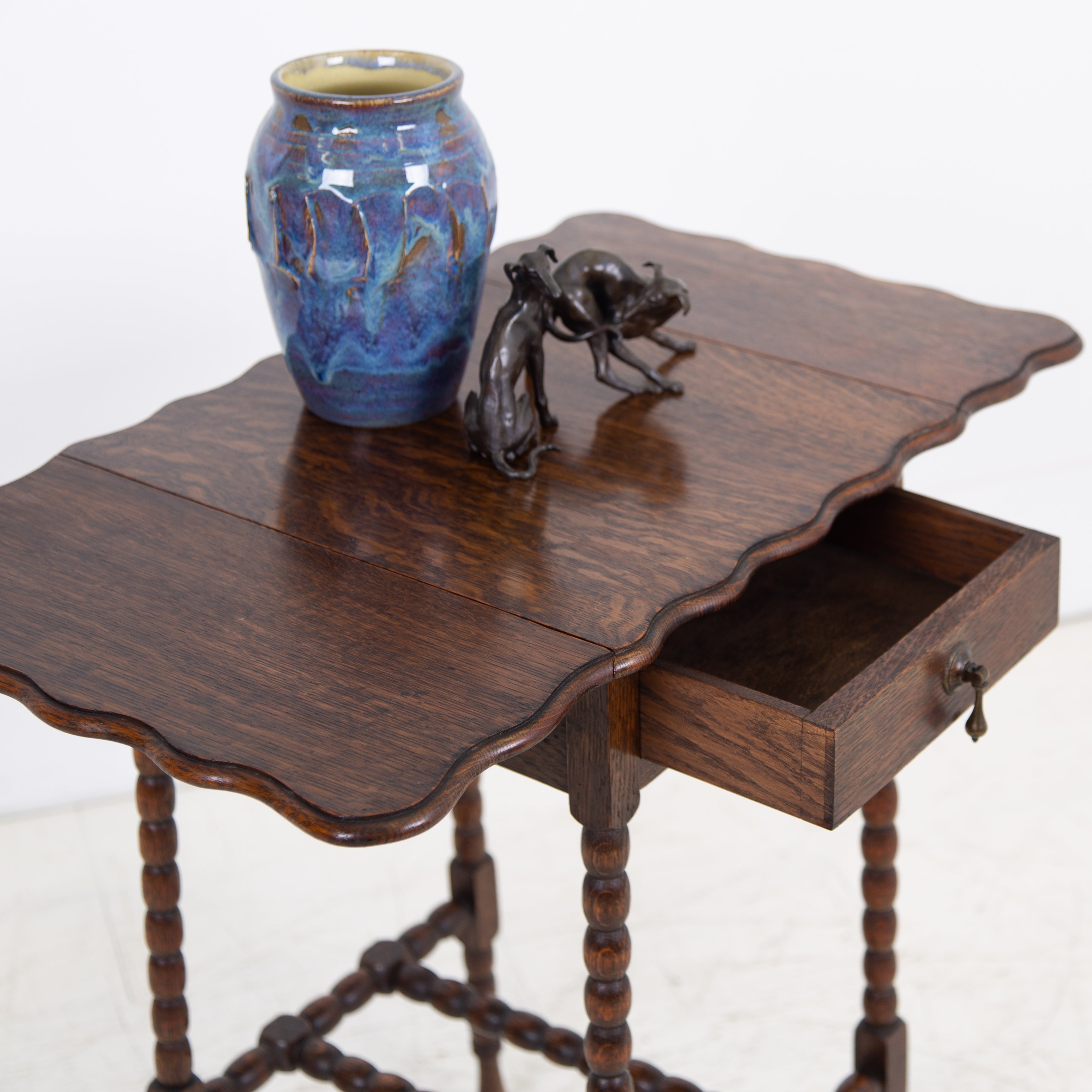 Charming Little Oak Bobbin Legged Table With Drawer C1910