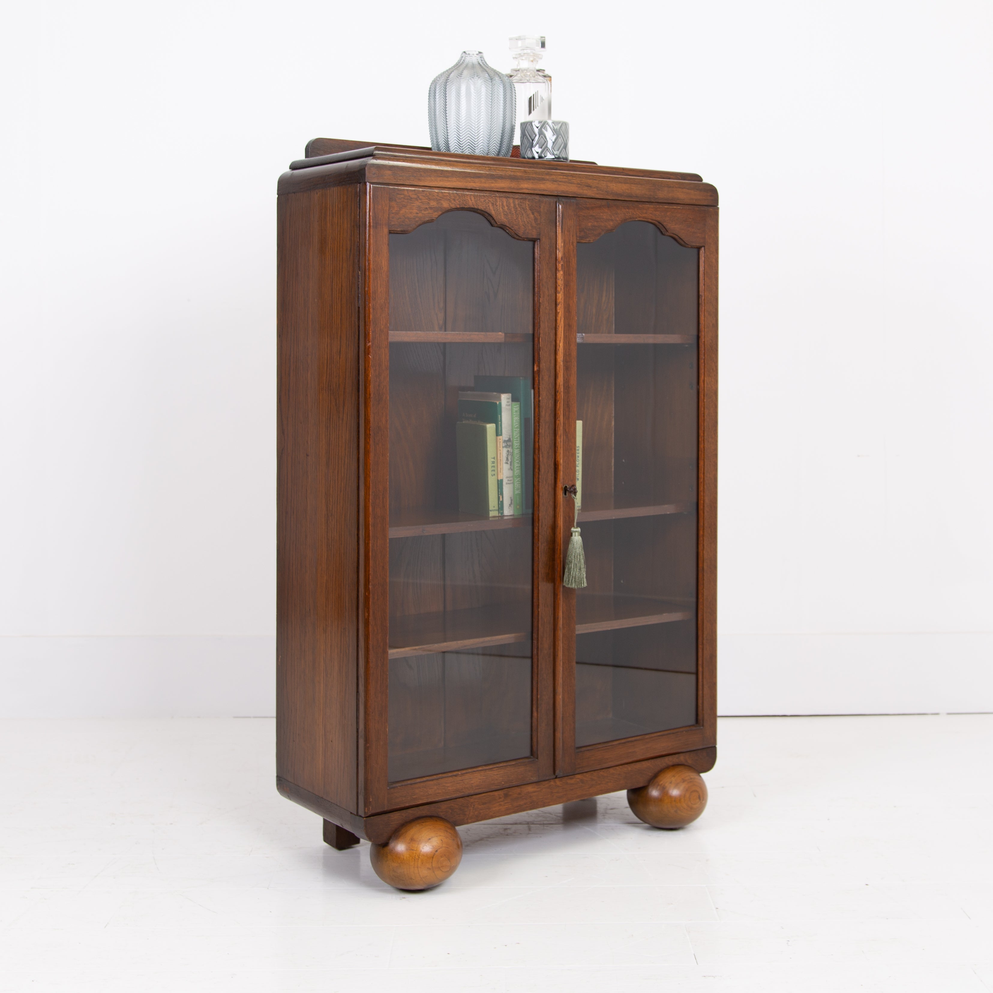 Attractive Oak Art Deco Glazed Bookcase Cabinet C1930s