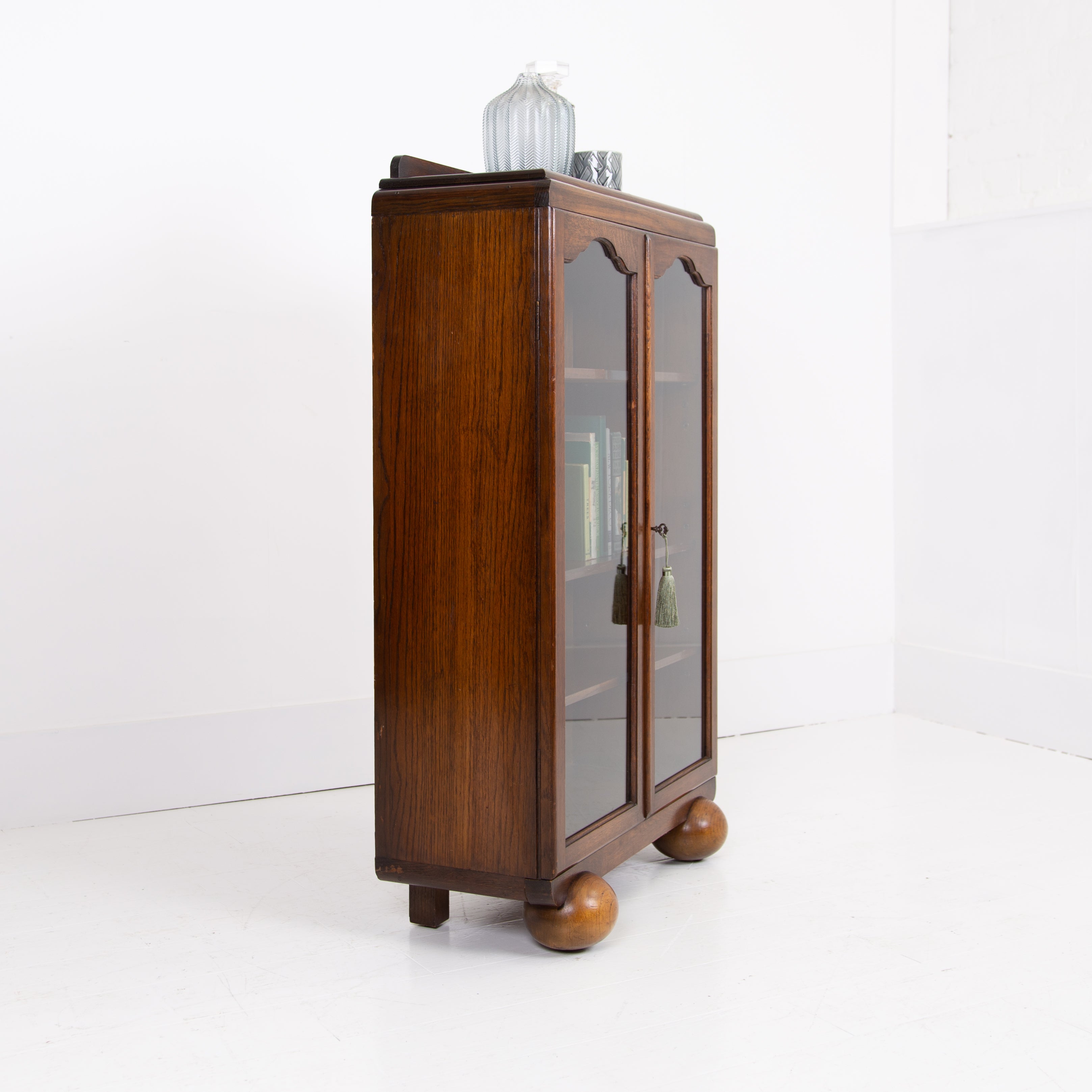 Attractive Oak Art Deco Glazed Bookcase Cabinet C1930s