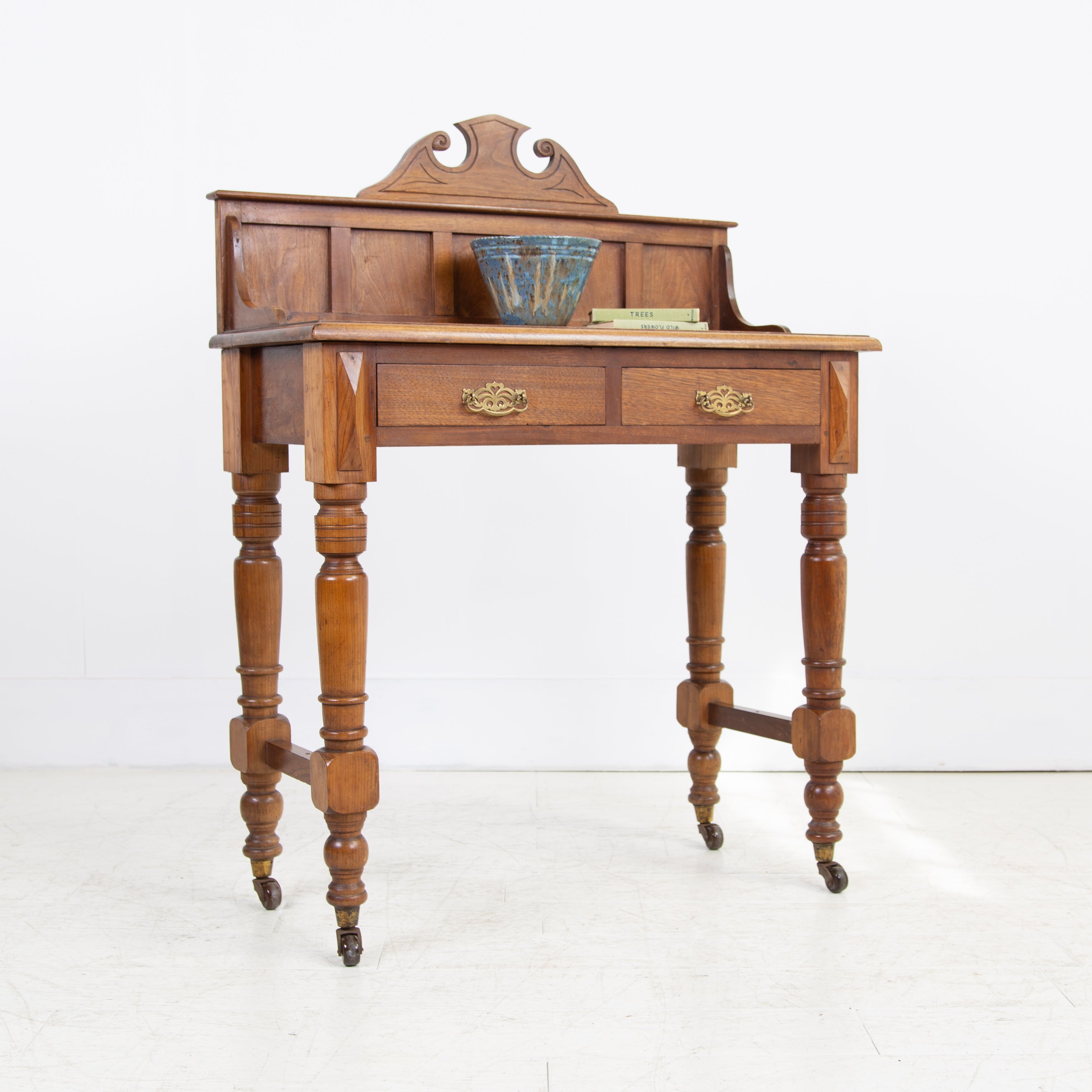 Highly Attractive 2 Drawer Walnut Galleried Side Table C.1900