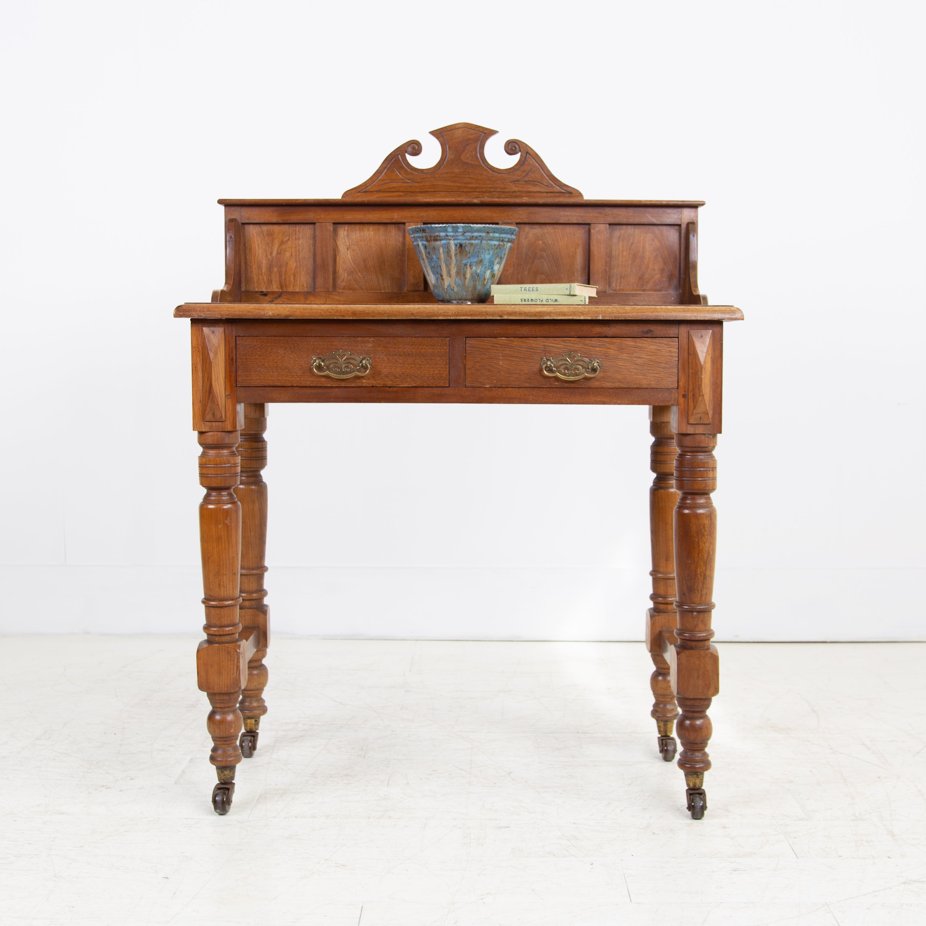 Highly Attractive 2 Drawer Walnut Galleried Side Table C.1900