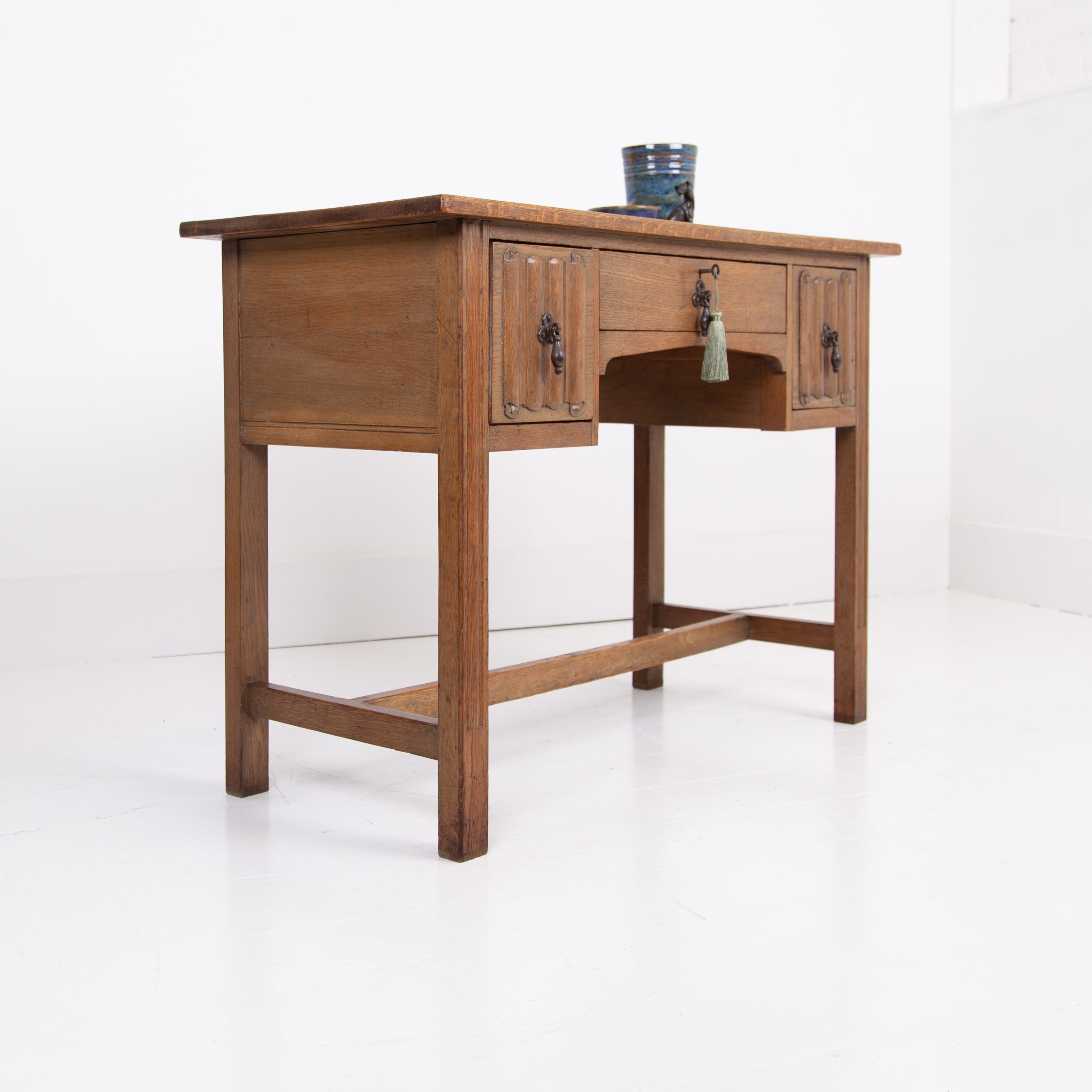 A Pretty Arts And Crafts Linen Fold Solid Oak Desk C1920