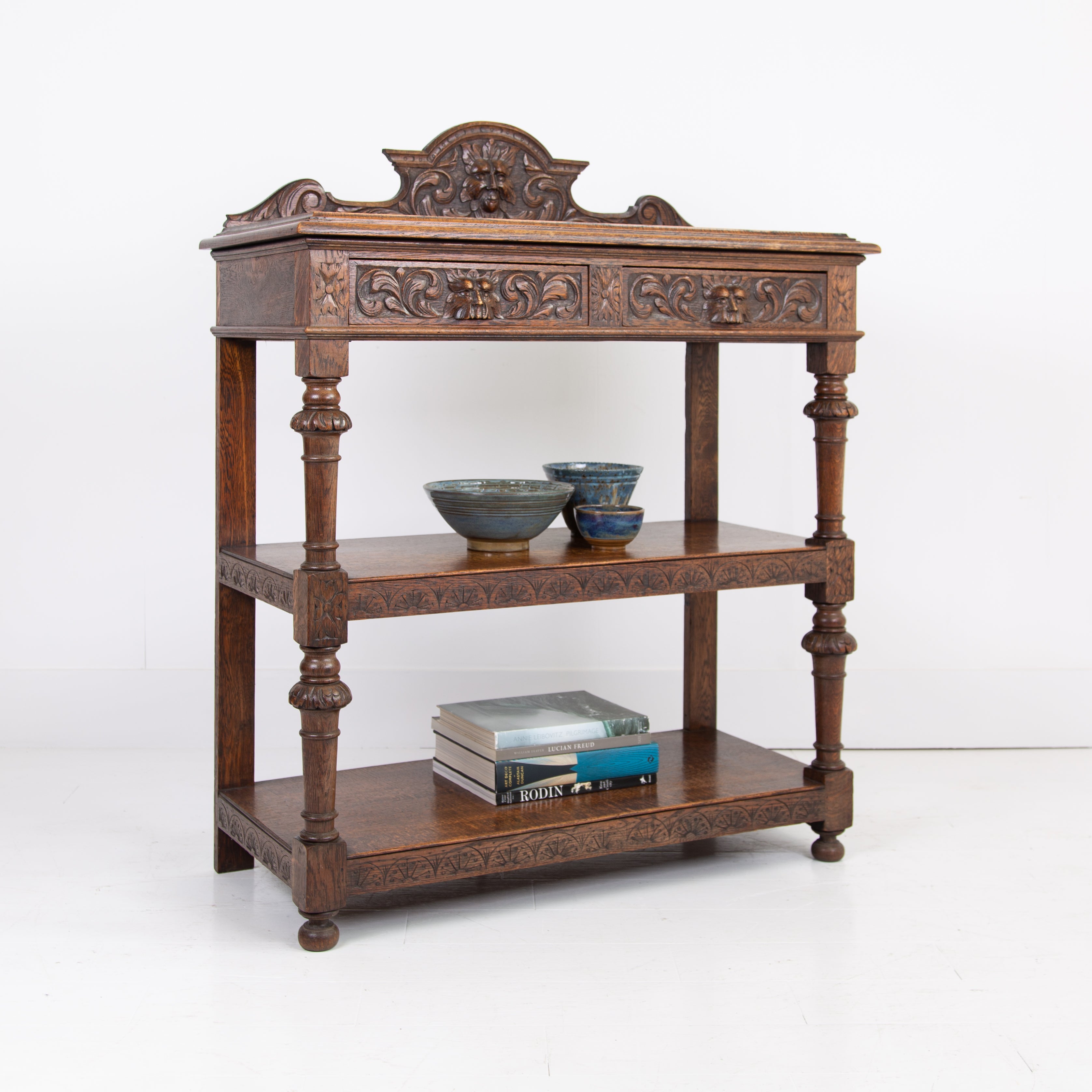 Antique English Victorian Carved Oak Green Man Buffet / Server / Sideboard / Dumbwaiter C1880