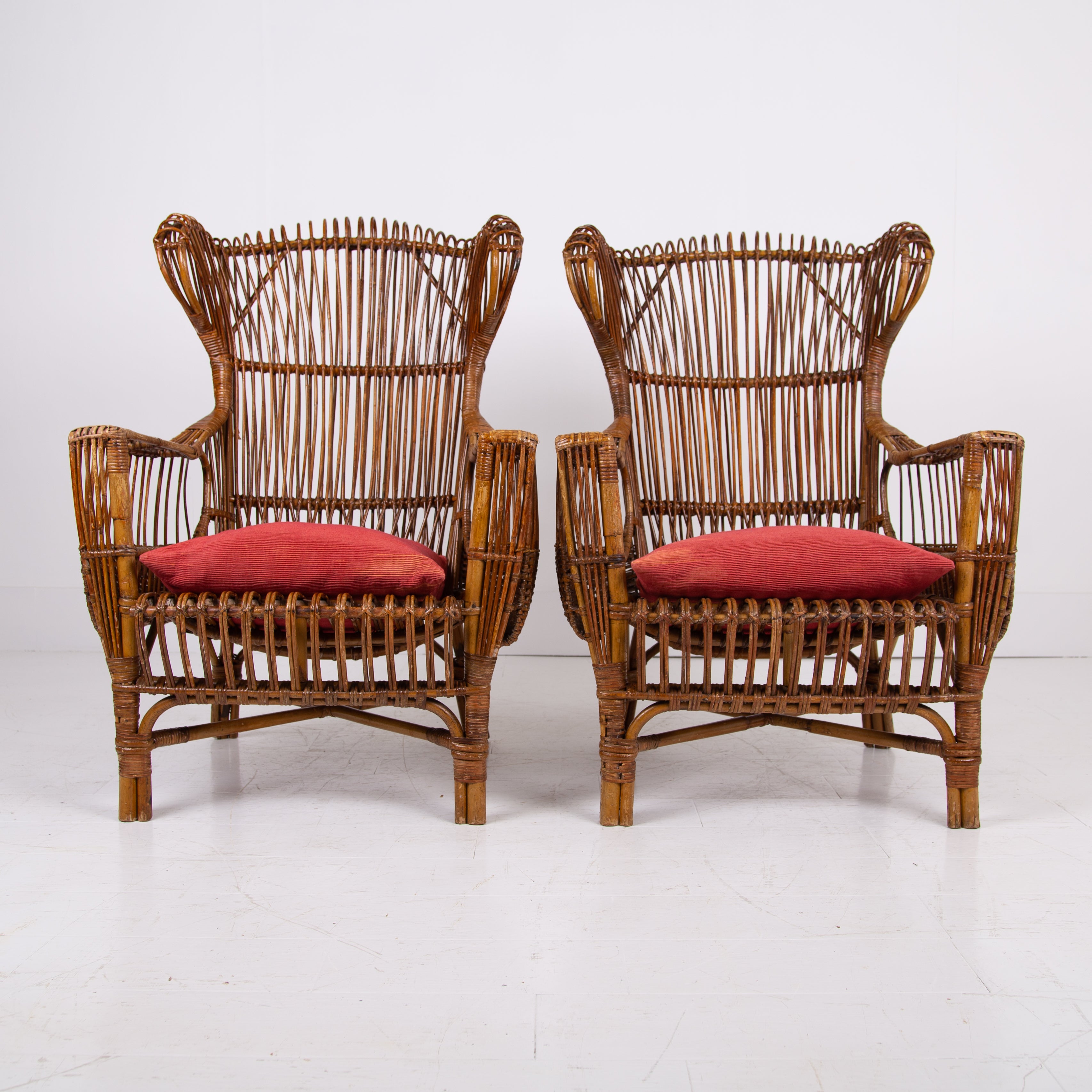 Pair Mid Century Italian Wicker & Bamboo Wingback Armchairs