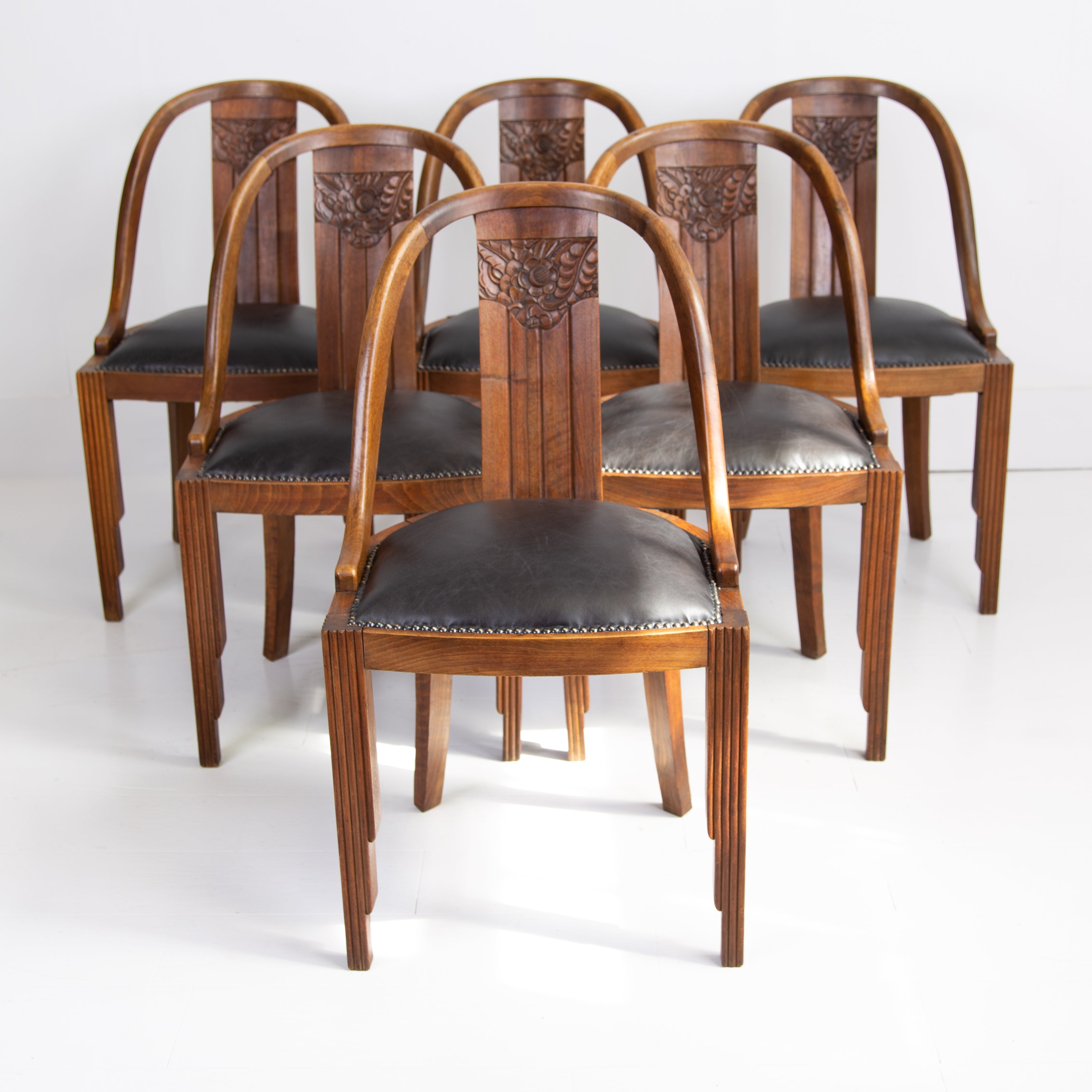 Attractive Set of 6 Art Deco Leather Seated Dining Chairs C1930