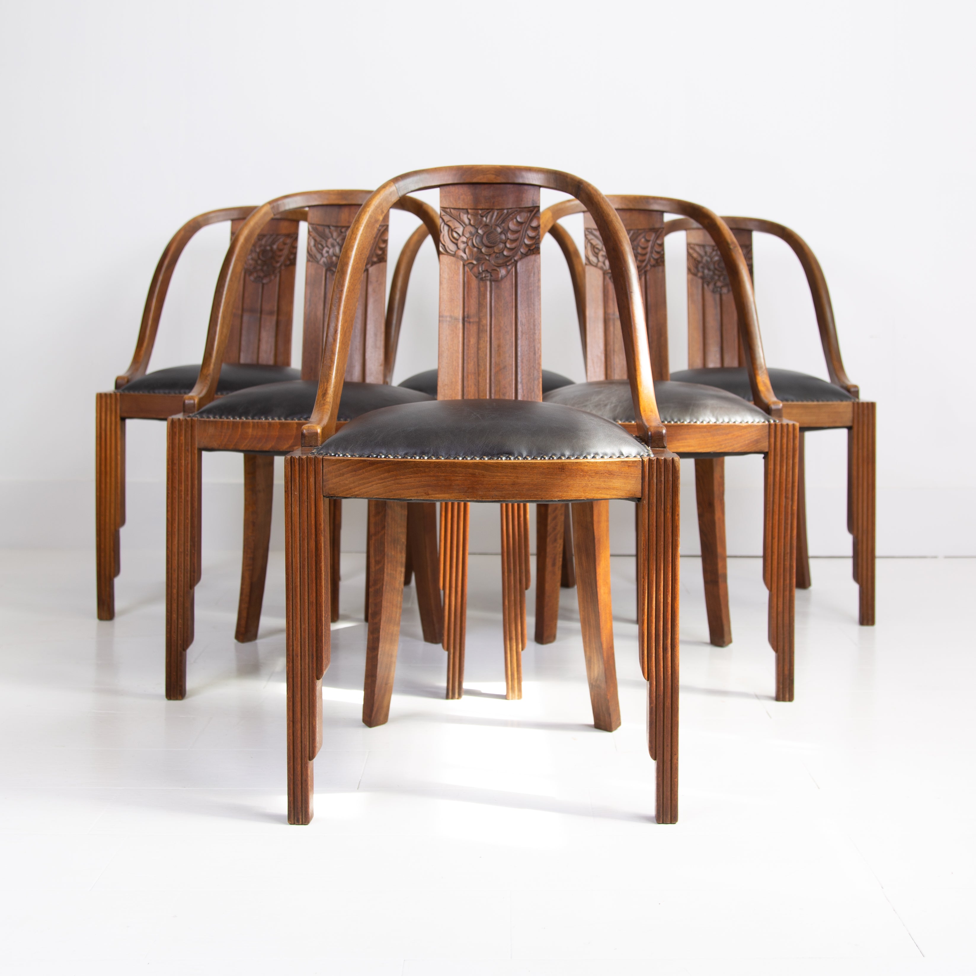 Attractive Set of 6 Art Deco Leather Seated Dining Chairs C1930