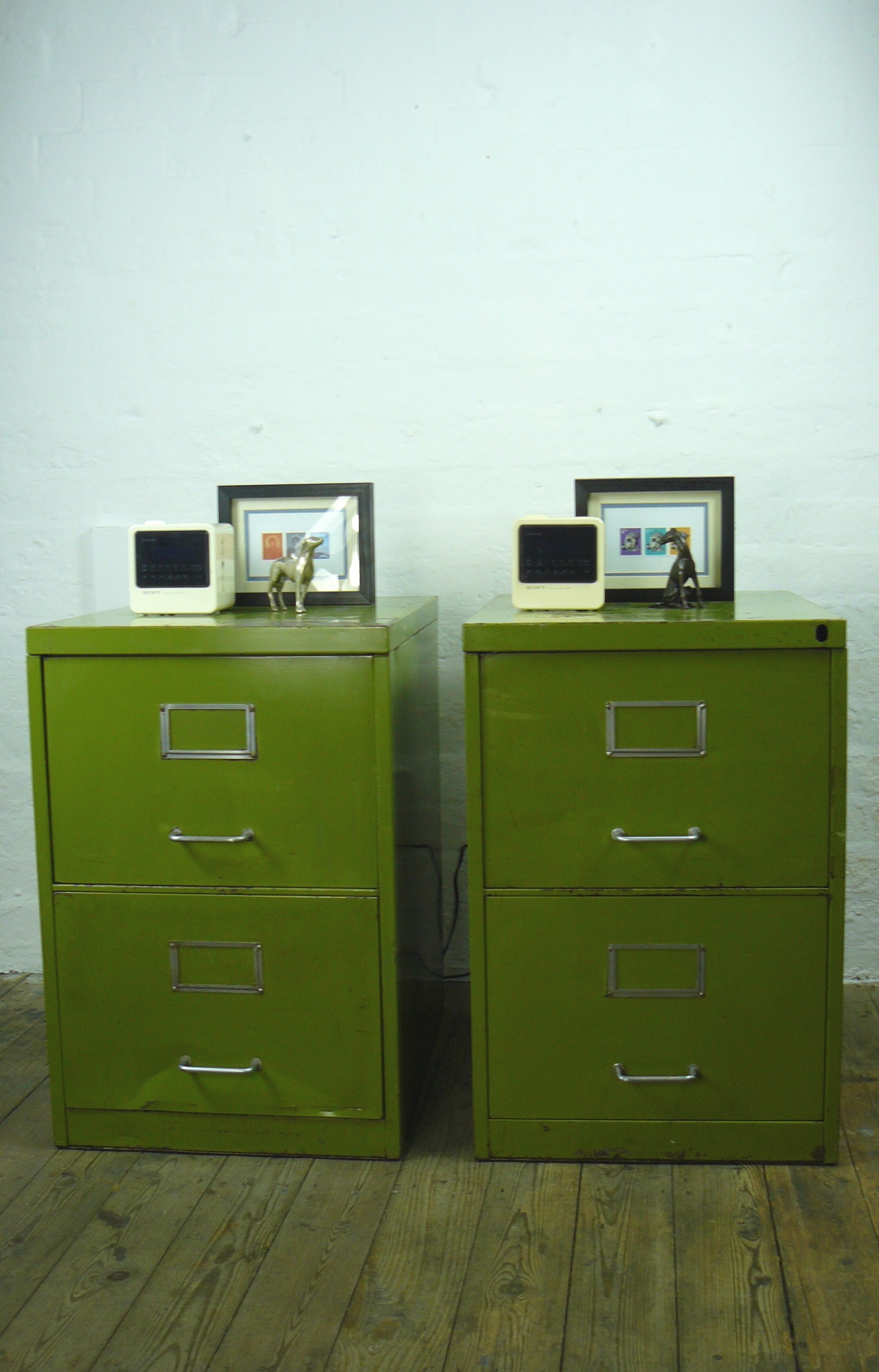 Pair Of Matching Vintage Pea Green Two Drawer Filing Cabinets
